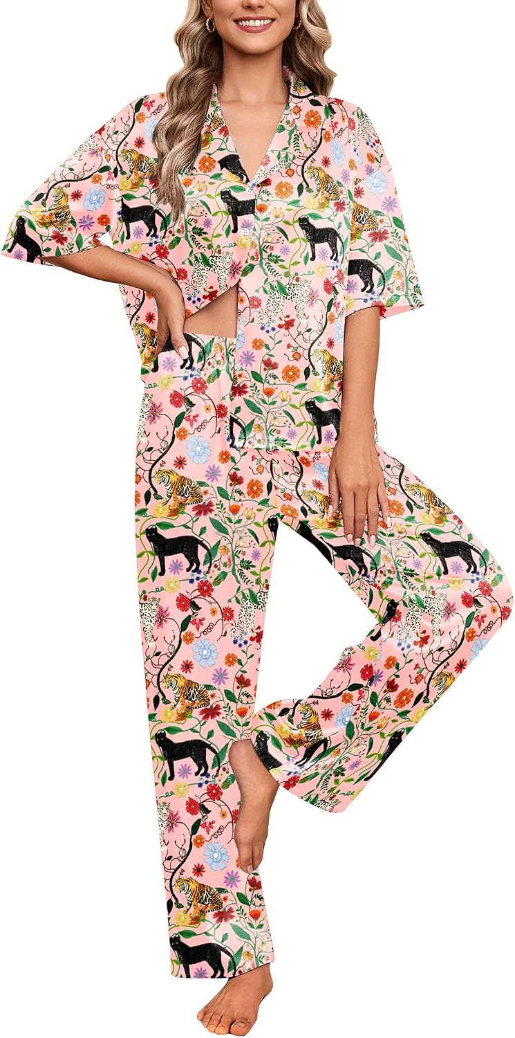 Ekouaer Silk Satin Pajamas Set Women Short Sleeve Pj Sets Button Down Sleepwear 2 Piece Soft Loungewear S-XXL