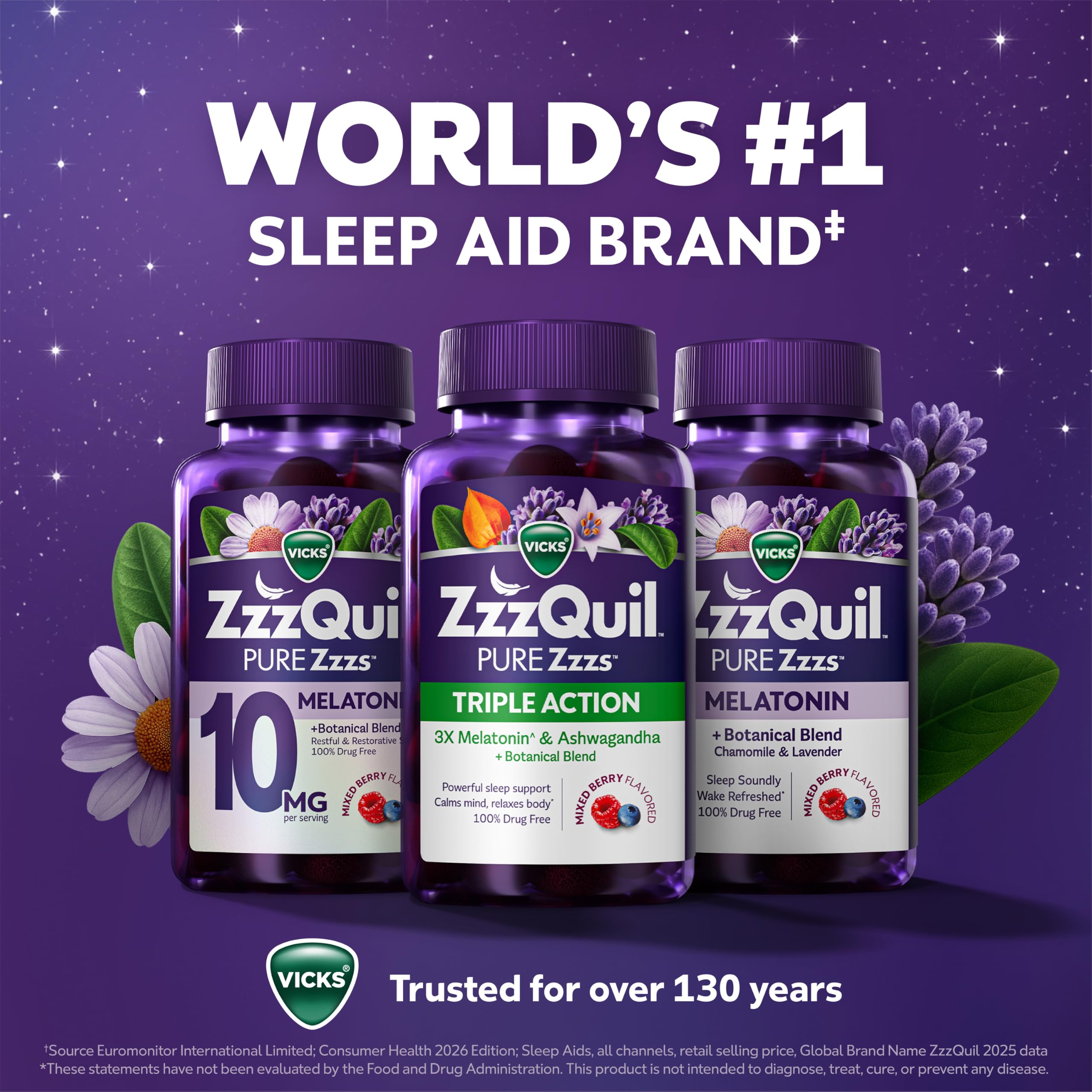 ZzzQuil PURE Zzzs Triple Action, Melatonin Gummies, Melatonin 6mg, 3X Melatonin, Sleep Aid with Ashwagandha, Calm Mood, Antioxidant Action, Sleep Aids for Adults, 60 Sleep Gummies — Amazon image 7