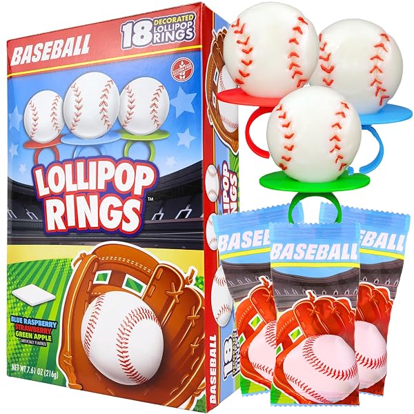Baseball Lollipop Rings, Individually Wrapped Candy for Birthday Party Favors, Goodie Bags, and End of Season Parties, B