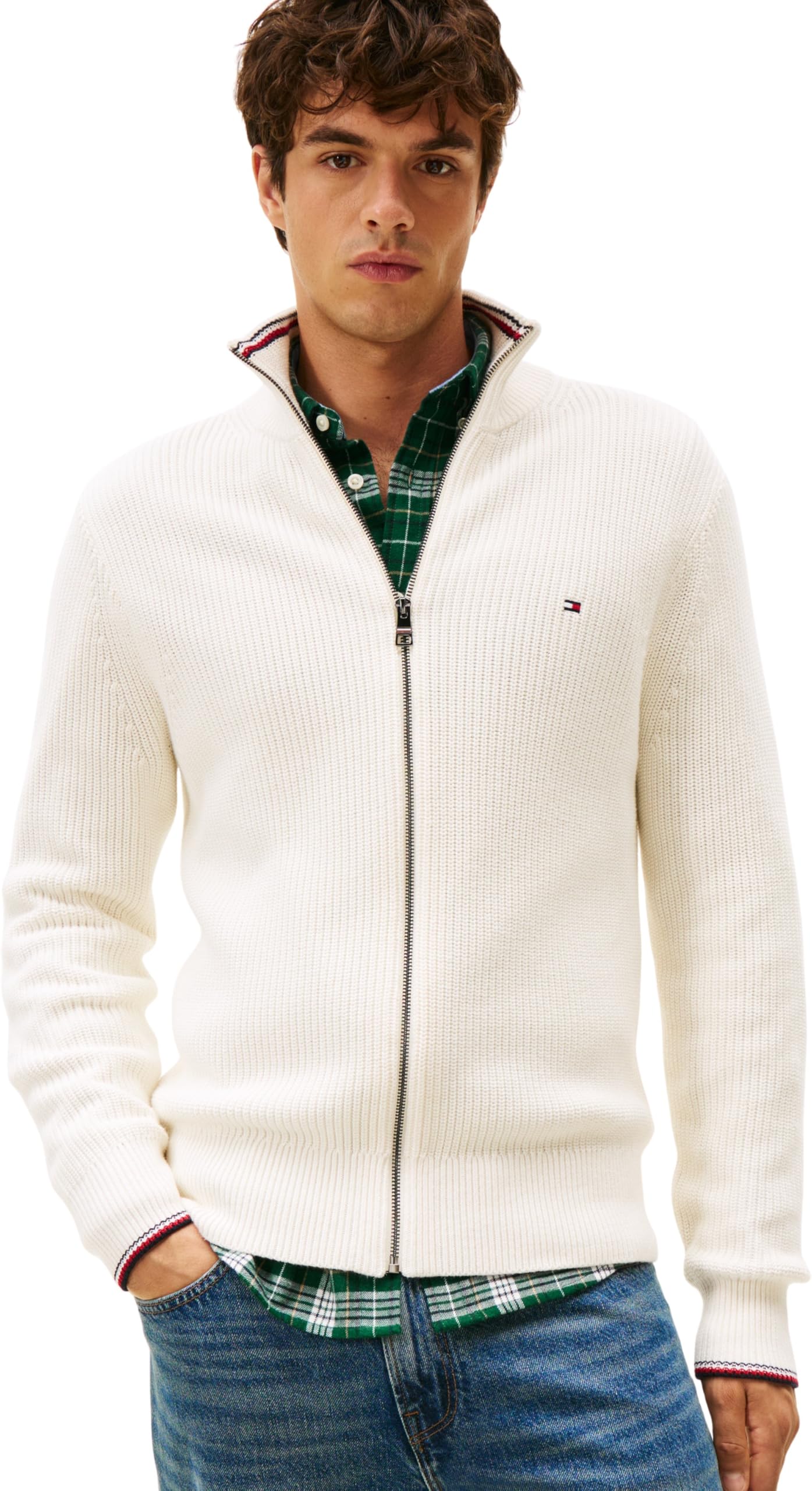 Tommy Hilfiger Men’s Zip Through Ribbed Jumper with Stand Collar, Off-White (Ivory Petal), XL