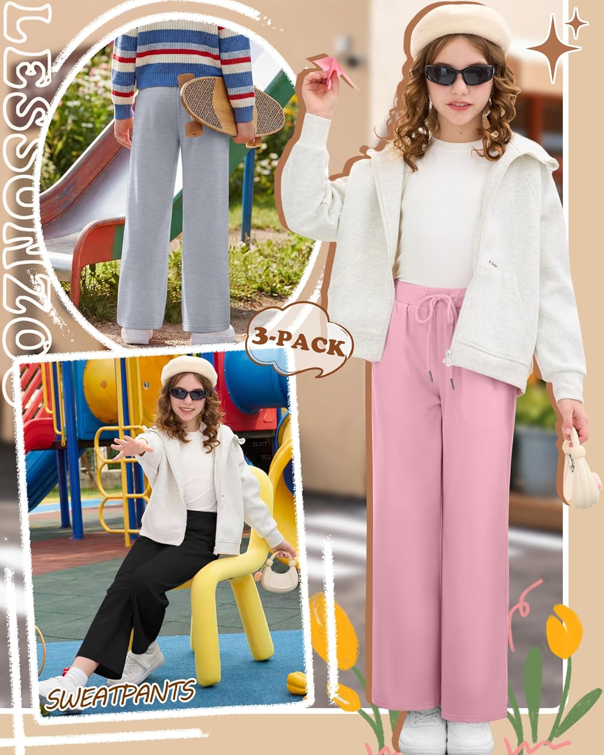 3 Pack Girls Wide Leg Sweatpants Kids Drawstring High Waist Baggy Pants Teen Athletic Trousers with Pockets - Image 5