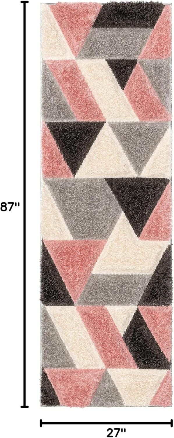 Well Woven Loecke Blush Triangle Boxes Geometric Thick Soft Plush 3D Textured Shag Runner Rug 2x7 (2'3" x 7'3")
