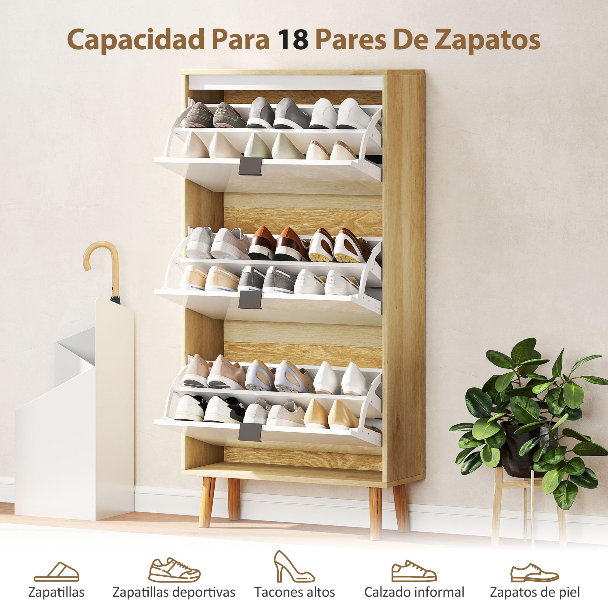 HOMCOM Zapatero Estrecho con 3 Puertas en Blanco Brillo, Zapatero Entrada Recibidor con Estantes Ajustables Patas de Madera, para 18 Pares de Zapatos, 60x24x127 cm Blanco
