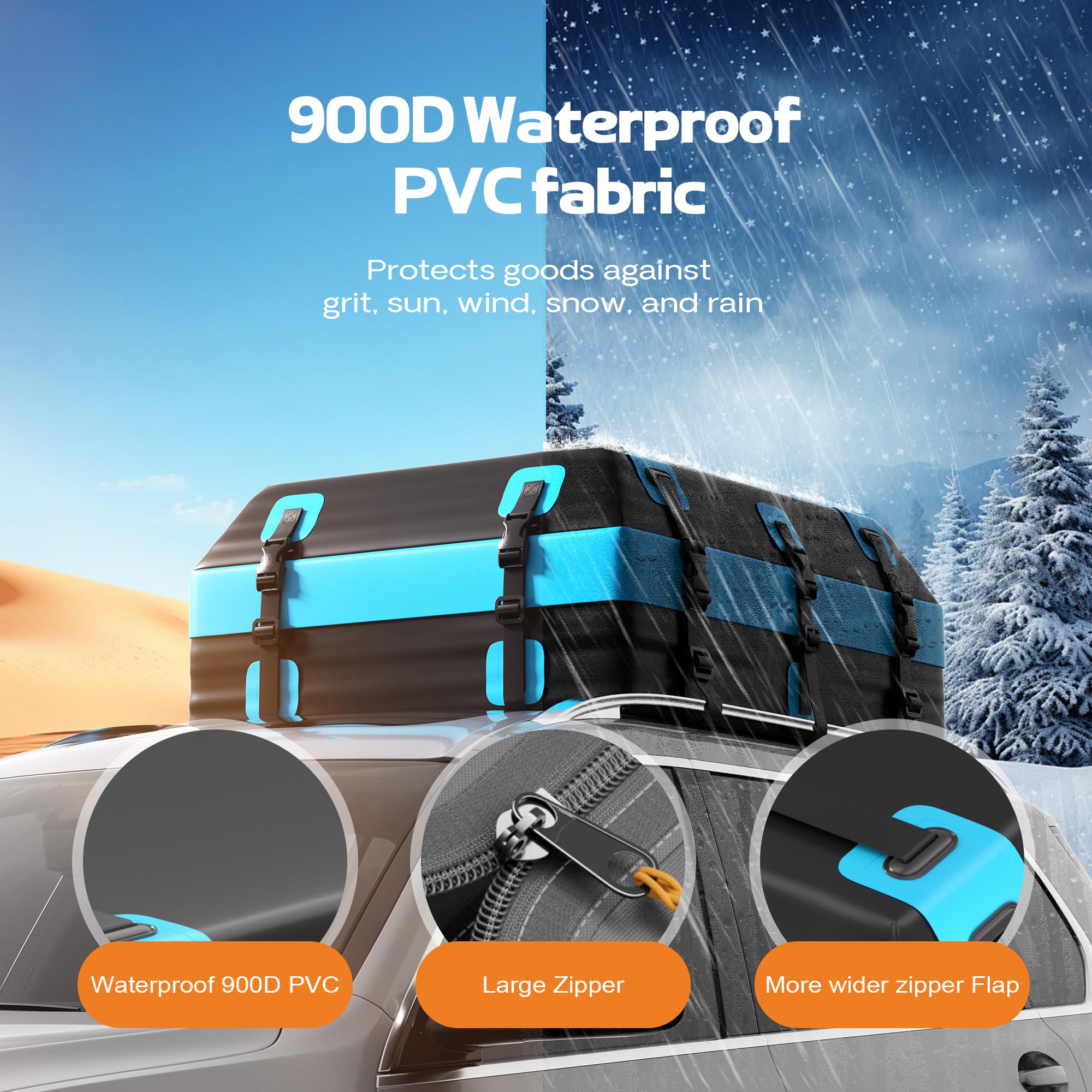 Coffre de toit de voiture 437 l, sac de toit pliable en PVC avec tapis antidérapant, sangles de serrage renforcées, 6 crochets de porte et serrure à combinaison, compatible avec SUV, camionnette