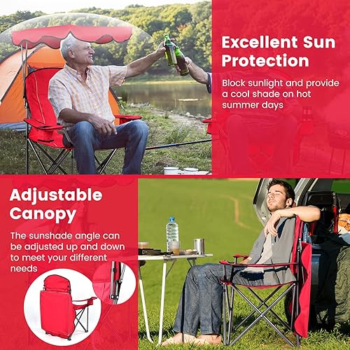 Miniatura 7 de Tangkula Silla de camping plegable, silla de césped portátil ligera con toldo de sombra ajustable, bolsa de transporte, portavasos, silla de playa