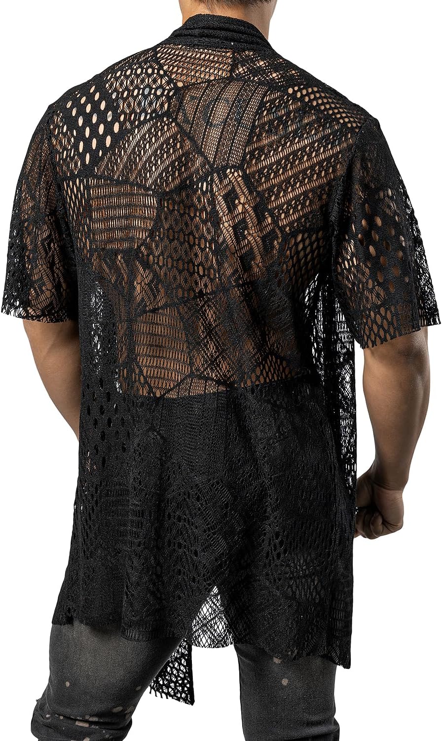 JOGAL Mens Mesh Fishnet See Through Cardigan Ruffle Shawl Collar Open Front Top - Image 2