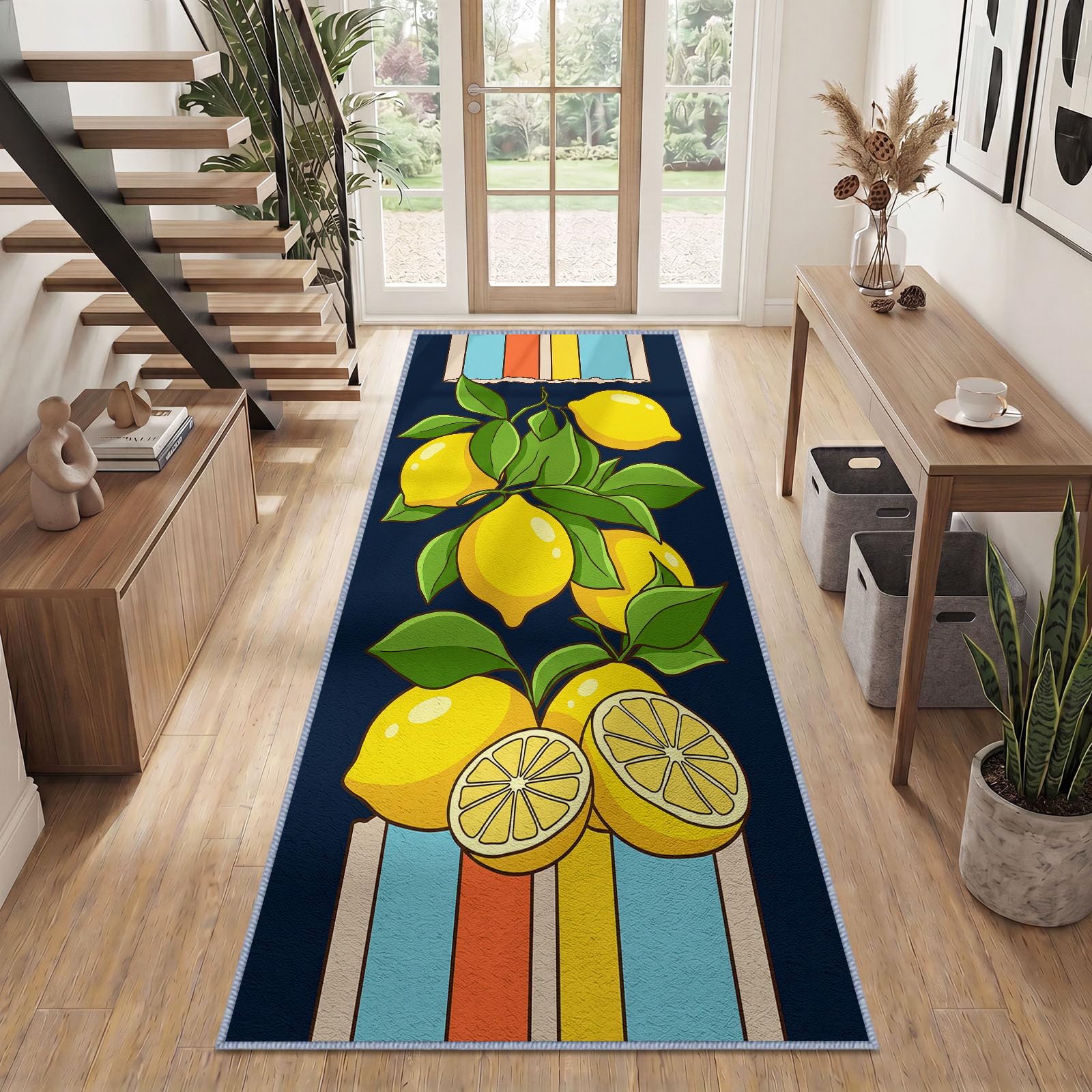Tappeto con piante rustiche, frutti, limone, foglie verdi, 80 x 200 cm