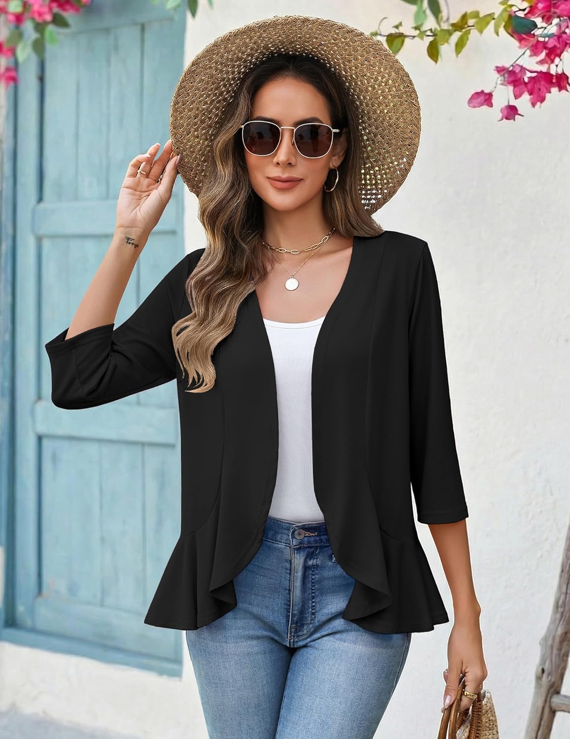 Zeagoo Women's 2026 Summer 3/4 Sleeve Lightweight Cardigans Sweaters Open Front Draped Ruffles Kimono Coverups - Image 5