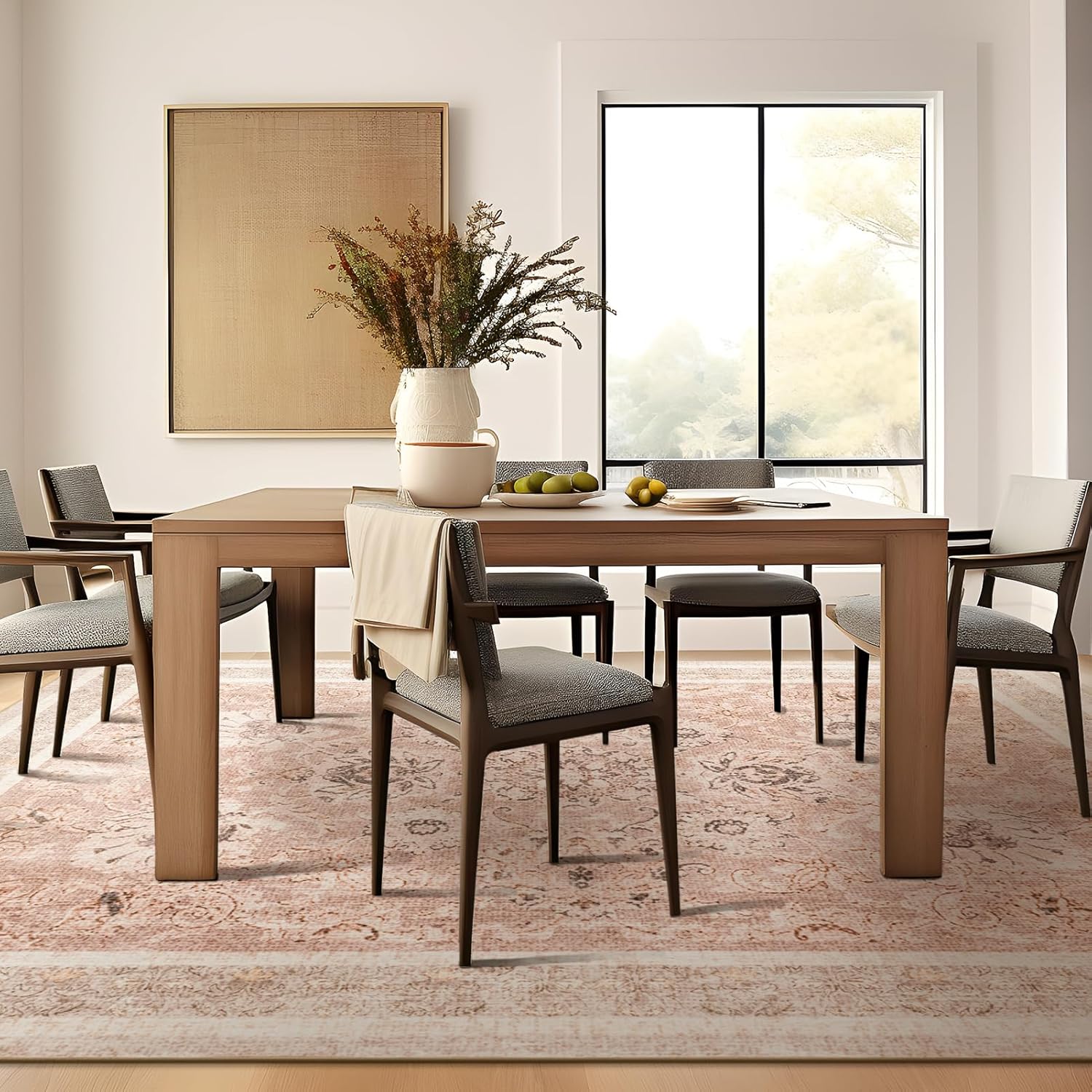 Phantoscope Washable Area Rug 6'x9' Non-Slip, Vintage Neutral Rugs for Living Room, Bedroom, Dining Room, Distressed Boho Floral Medallion Pattern, Low-Pile Foldable Floor Carpet, Soft Pink/Beige