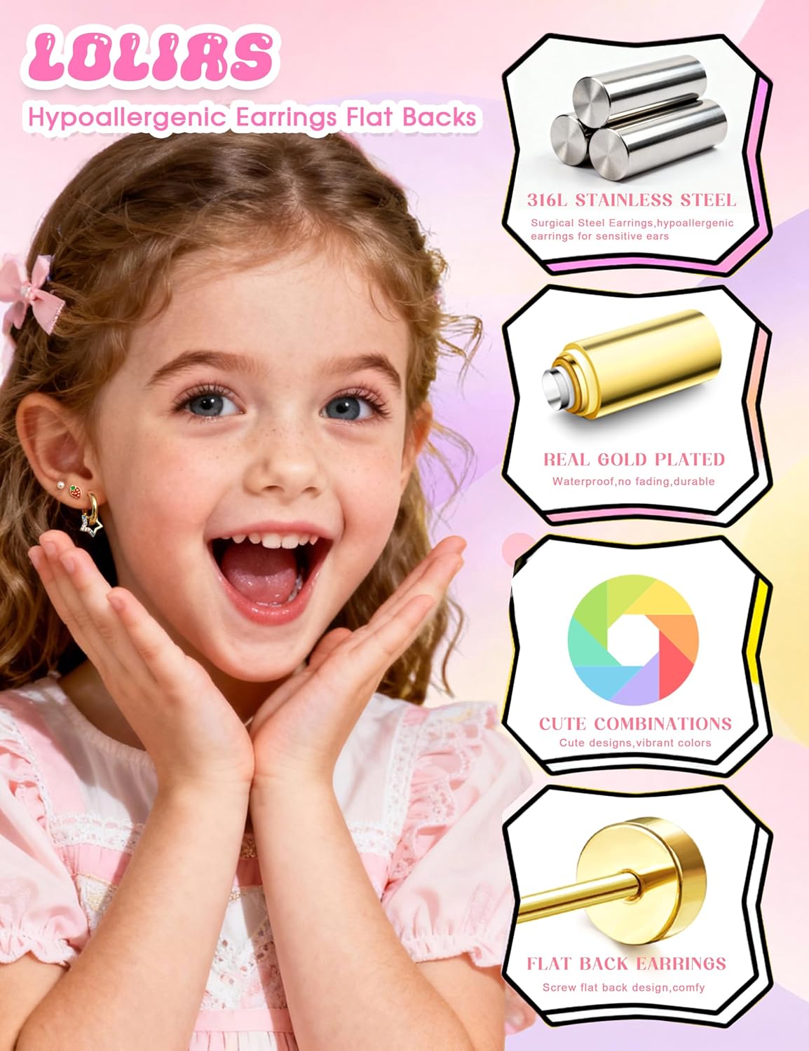 LOLIAS Hypoallergenic Earrings for Girls Flat Back-Stainless Surgical Steel Earrings for Sensitive Ears Women Cute Hoops Flatback Studs Screw Back Toddler Kids Teen Girls Earrings Jewelry - Image 3