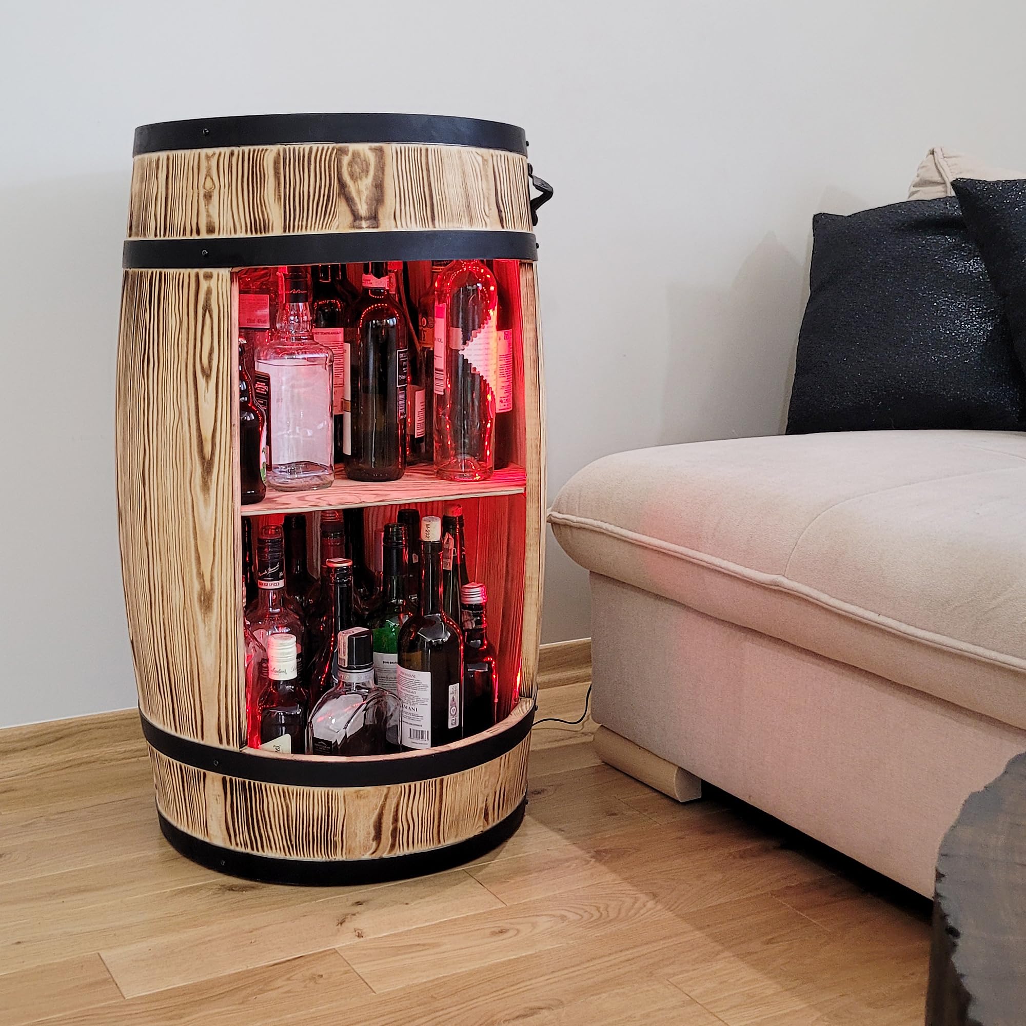 Weeco Armadietto per Vino a LED RGB - Scaffale in Legno - Bar Elegante - Supporto per Bottiglie - Mobile Barile in Legno - 80 x 50 cm