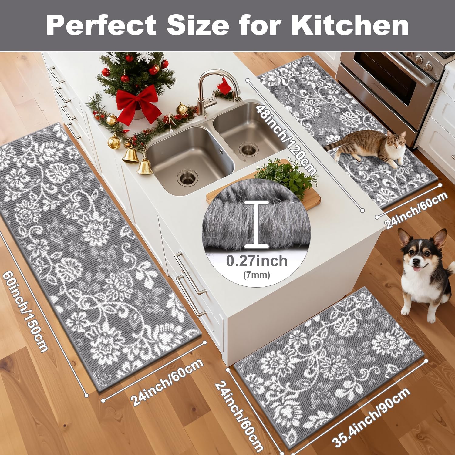 LOKHOM Boho Kitchen Rugs Sets of 3, Non Slip High-Low Textured Kitchen Mats for Floor with Rubber Backing, Paisley Floral Washable Carpet Runner for Hallways Entryway Laundry Sink (Grey & White)
