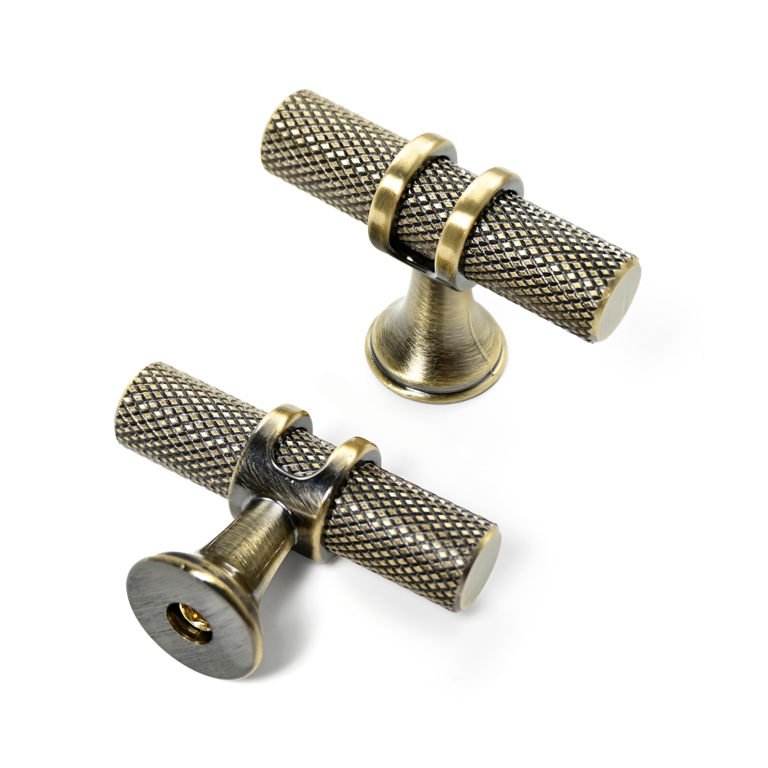 Amerdeco 10 Pack Brushed Antique Brass Cabinet Knobs 2 Inch Zinc Alloy Kitchen Cabinet Knob T Bar Kitchen Cabinet Knob Knurled Cupboard and Wardrobe AM055 — image 1