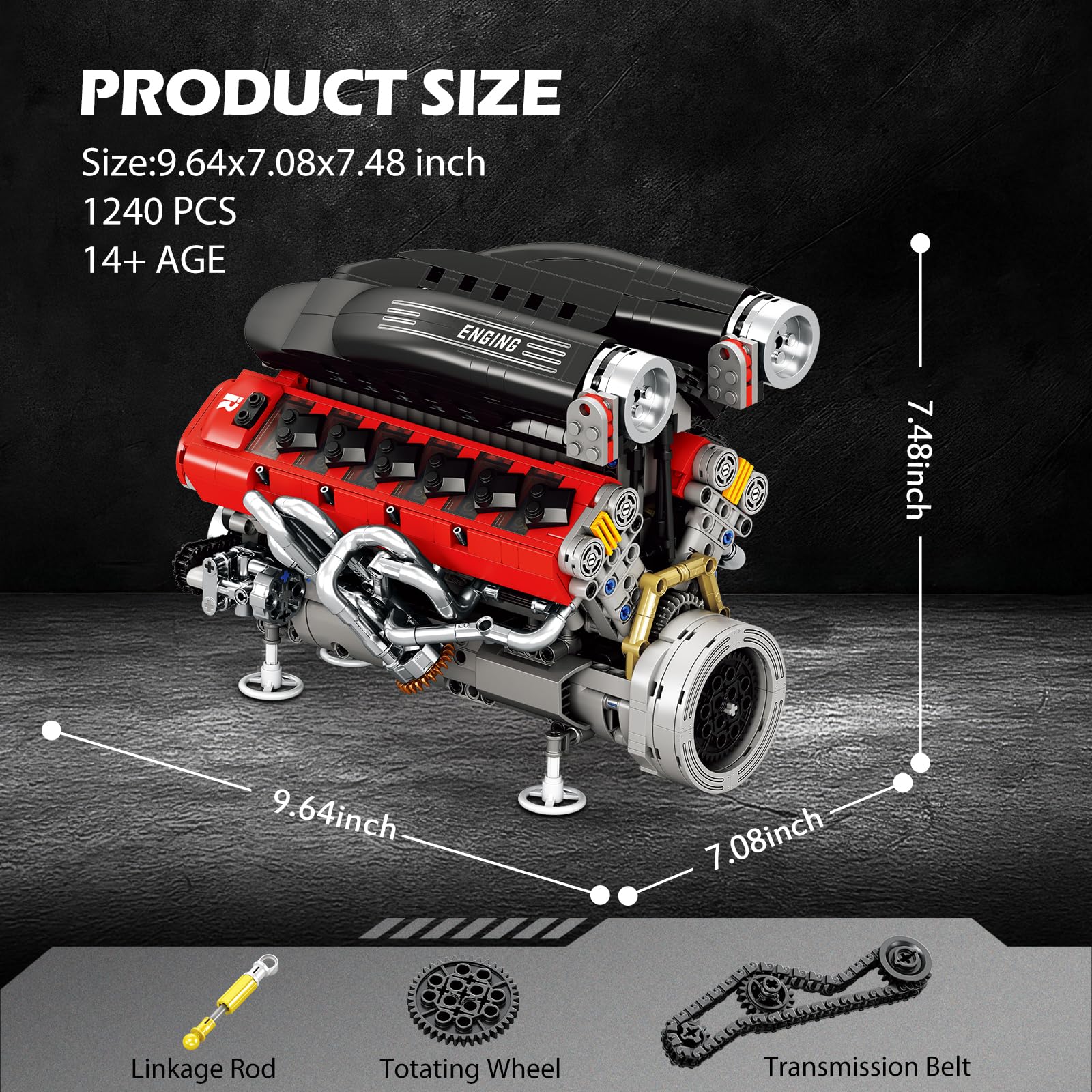 Kit di costruzione del motore V12 per adulti, 1240 pezzi, kit di modello di motore di supersport motorizzato ad angolo V di 65° con pistoni mobili, kit di assemblaggio meccanico Stem per