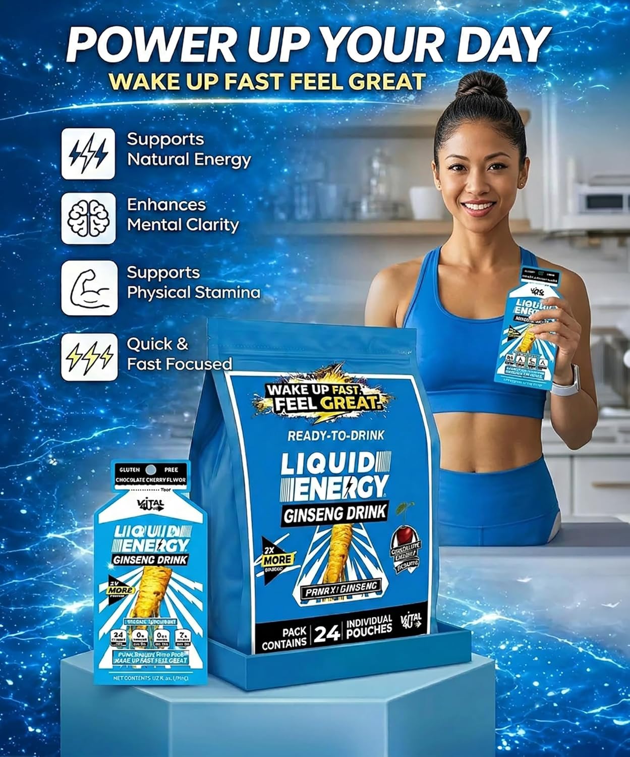 VITAL 4U® Liquid Energy Shot - Ginseng, Naturally Sweetened, Chocolate Cherry Flavor, 24 ct