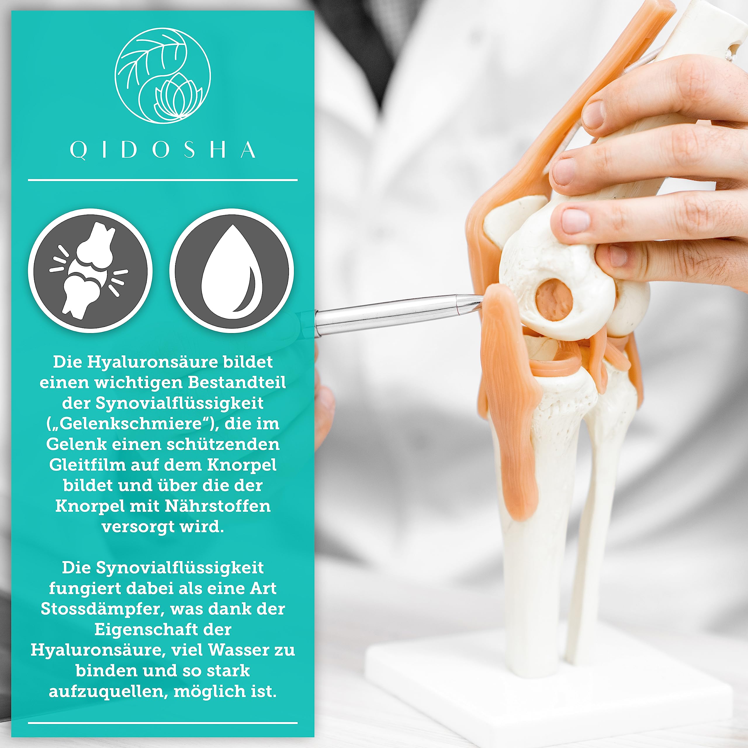 QIDOSHA® Premium Hyaluronsäure Kapseln, TESTSIEGER 07/23*, hohes Molekulargewicht von 1,5-2 Mio. Dalton (marktüblich: 0,5 Mio.), 250mg/Kapsel, 90 Stk/Apothekerglas, vegan, natürlich aus Fermentation