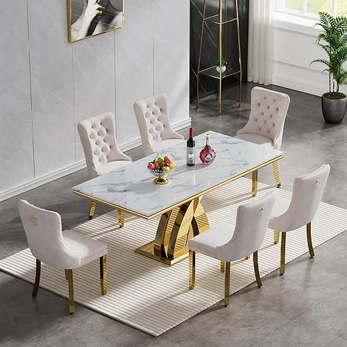 Miniatura 2 de Juego de mesa de comedor de 7 piezas con 6 sillas de comedor beige, juego de mesa de comedor de lujo de mármol sintético blanco y dorado para 6,