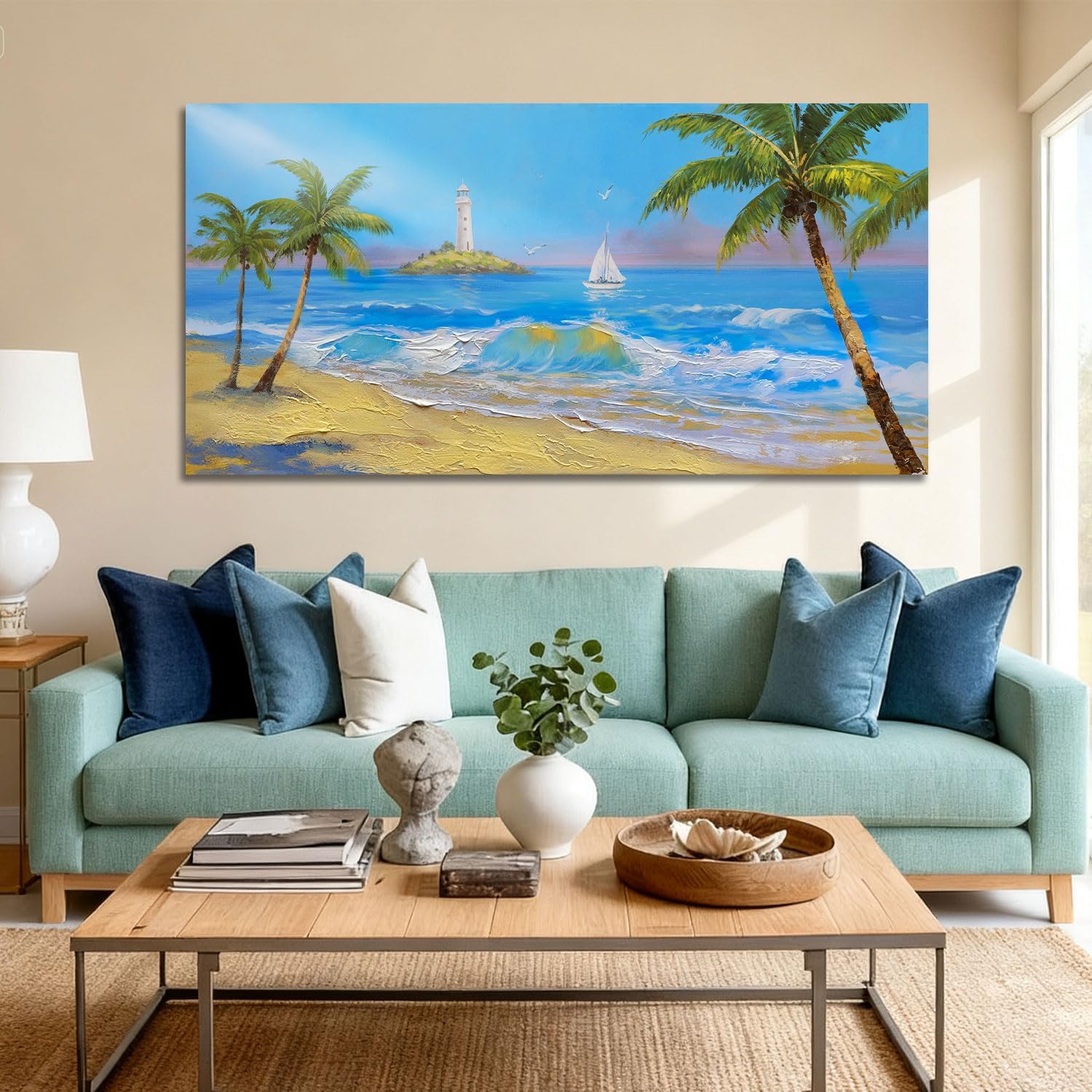 Ateliart Landscape Coastal Wall Art Living Room, Seascape Canvas Painting Beach Blue Ocean Bedroom Framed Large Picture Textured Artwork Kitchen Dining Room Home Office Wall Decor 48"x24"
