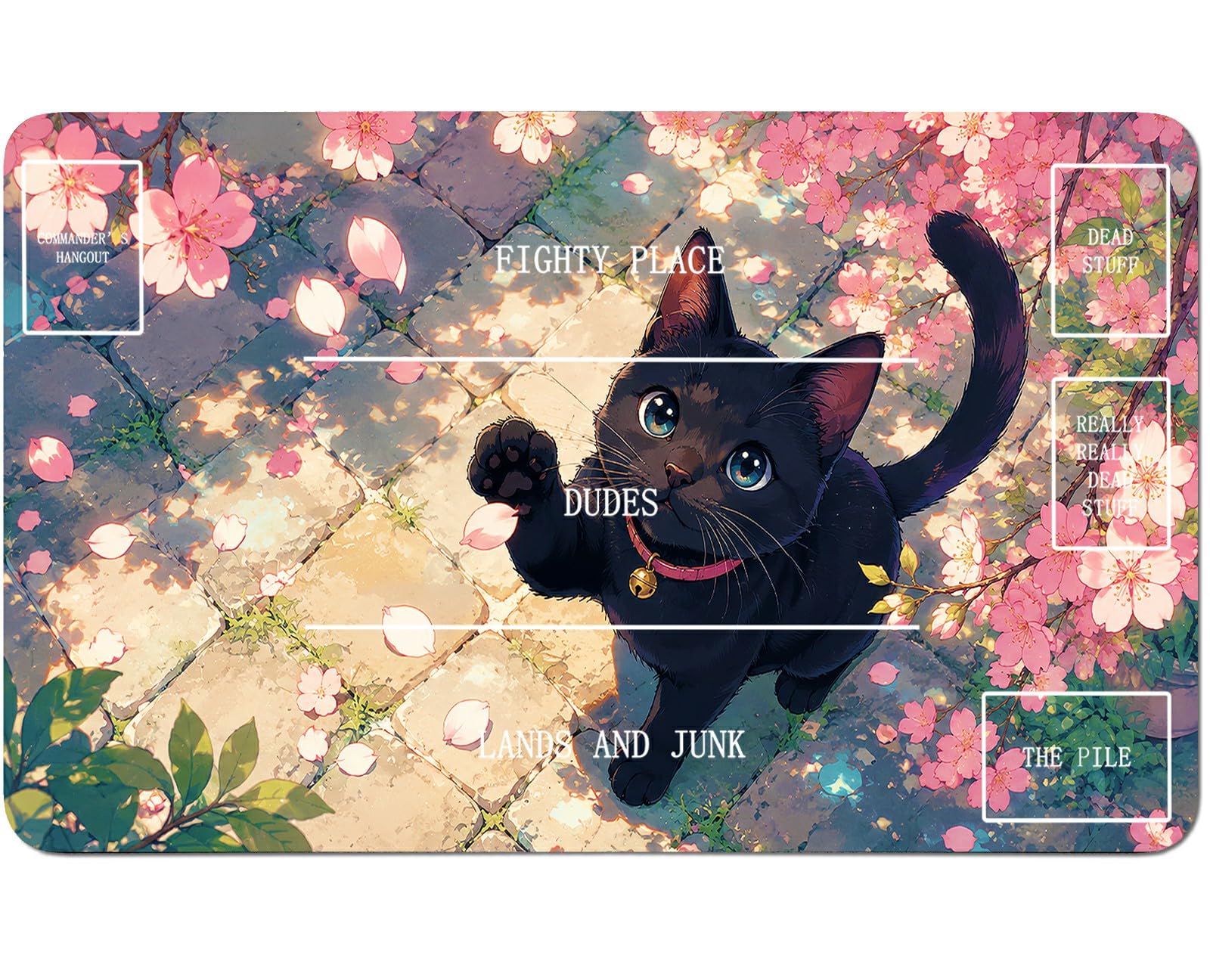 RWUTYTIUL Sakura Black Cat for TCG Playmat 24 X 14 Inch with Play Zones, Stitched Card Game Mat for Commander Board MTG RPG CCG Desktop Tablet Mouse Pad for Enthusiasts Playing Accessories — image 1