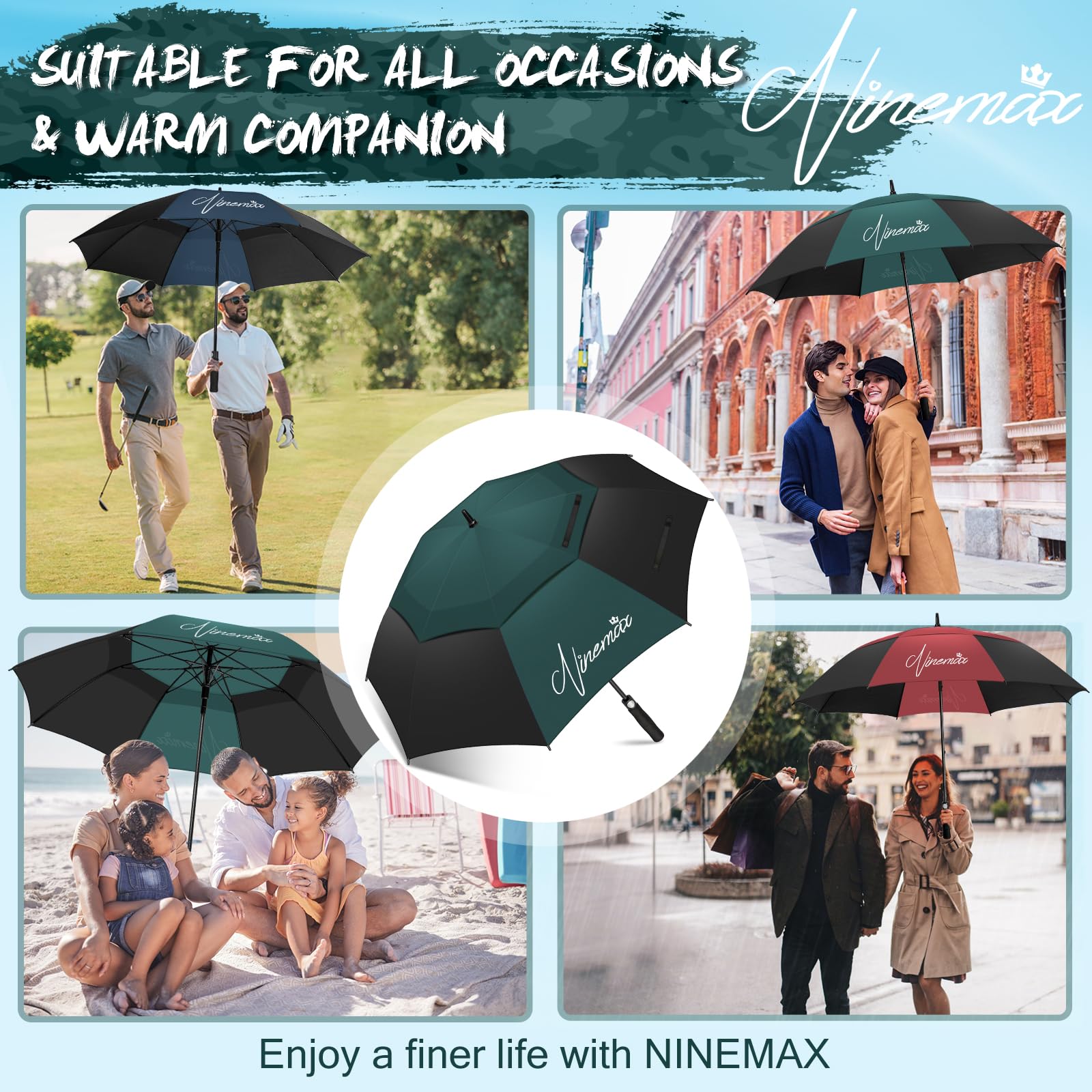 NINEMAX Paraguas Grande Antiviento, XL/XXL Paraguas Golf Grandes, Umbrella Extra Grande Resistente Al Viento Fuerte para Hombre Mujer