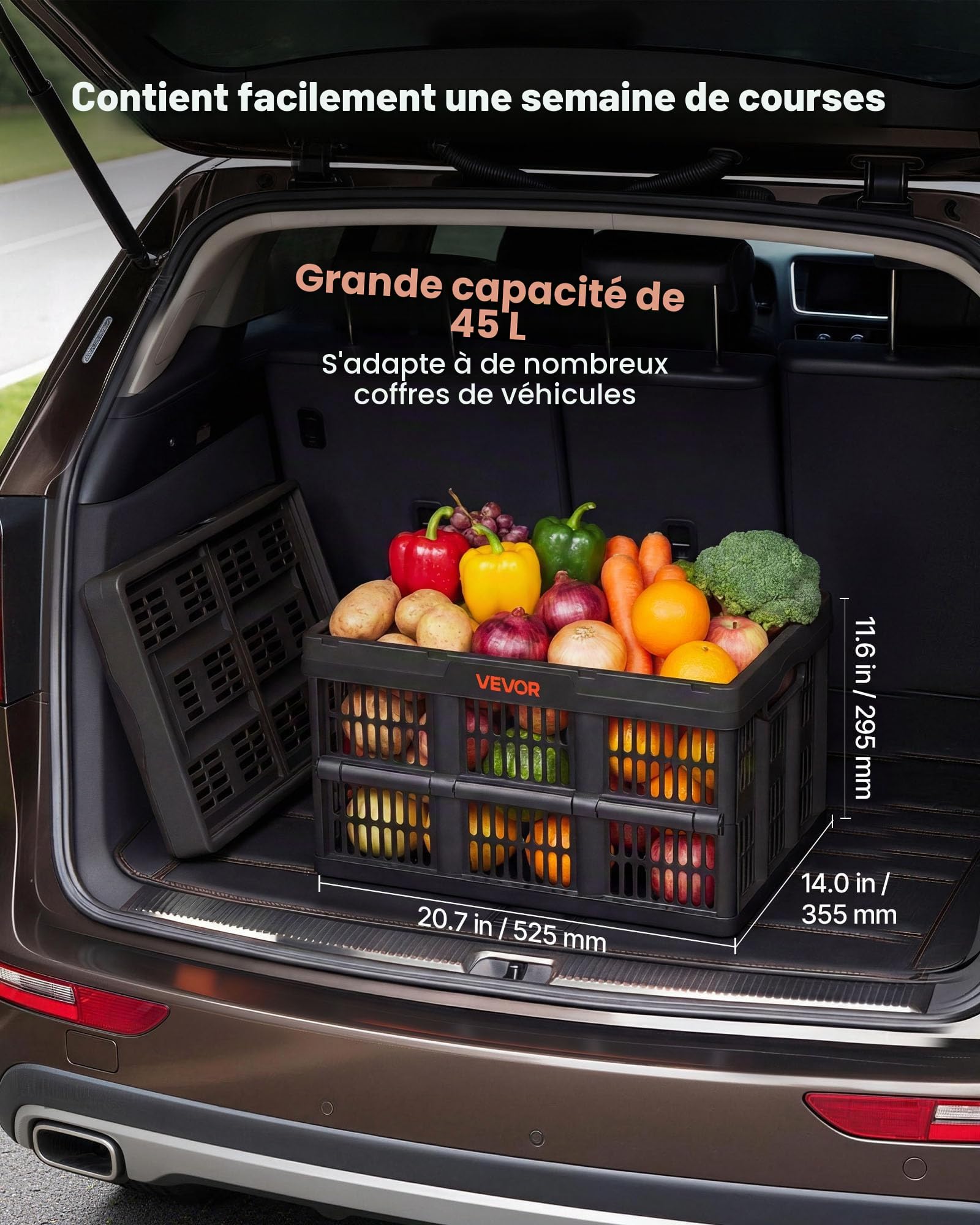 VEVOR Caisse Plastique Pliable 45 L Lot de 3, Cagette Pliable avec Poignées, Charge Max. 15 kg par Caisse, Bac de Rangement Empilable pour Maison, Camping, Voiture et Courses, Organisateur de Coffre