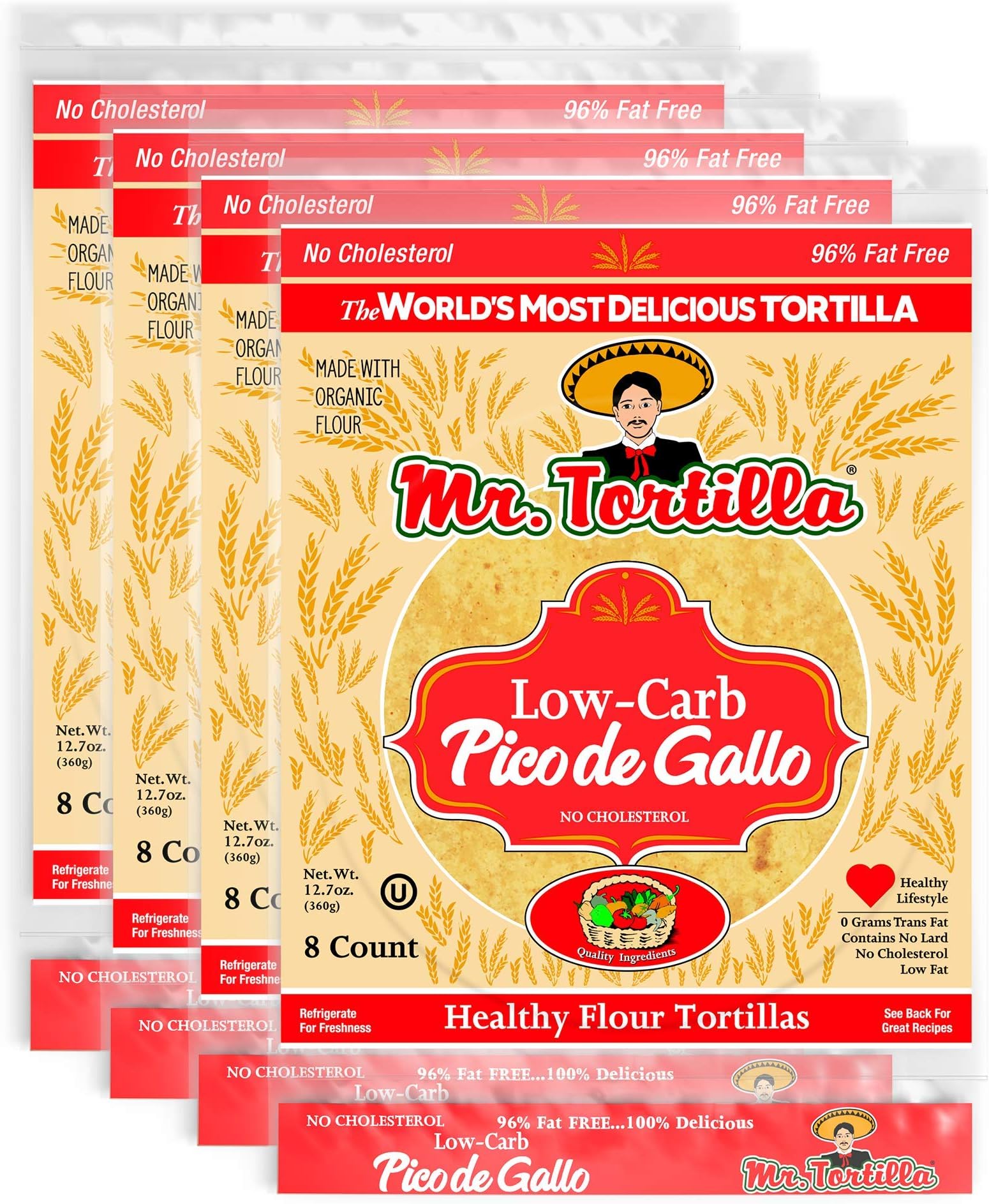 Mr. Tortilla Low-Carb Pico de Gallo Tortillas - Fresh & Delicious Soft Taco Shells - Healthy Keto Food Wraps - Organic Wheat Flour - Great for Tacos, Quesadilla, Burrito - 8-Count, 4-Pack