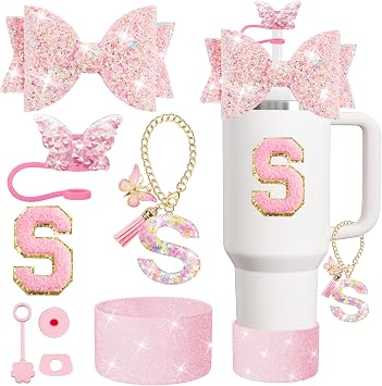 XIANGYUAN 8PCS Stanley Cup Accessories Set for Stanley Cup 30oz 40oz Tumbler with Handle,Including Straw Topper Cover Cap and Boot,Spill Proof Stopper,Handle Charm,Initials Sticker Pink S