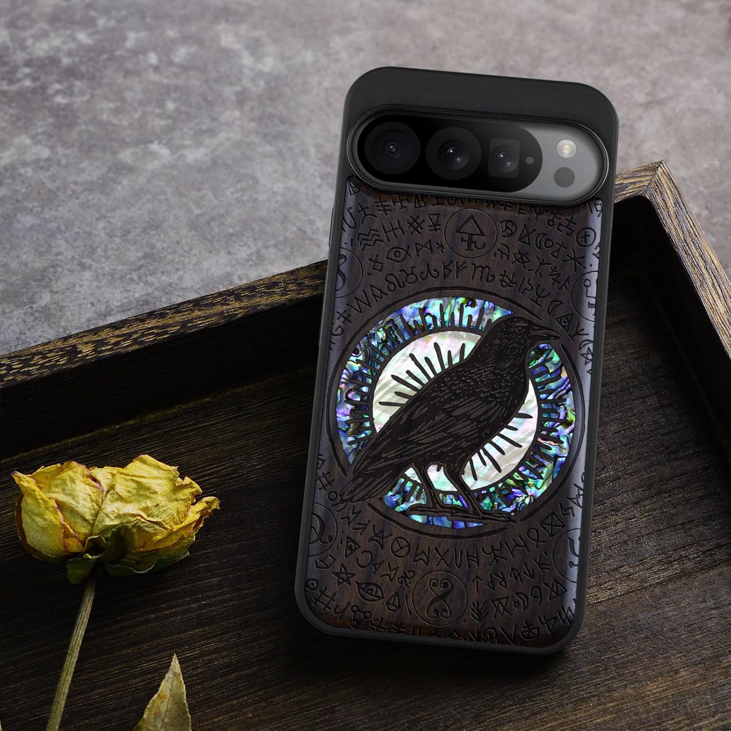 Carveit Designer Wooden Case for Google Pixel 9 Pro XL Case Cover [Wood Engraving & Shell Inlay] Compatible with Wireless Chargers Pixel 9 Pro XL (Haloed Crow-Blackwood)