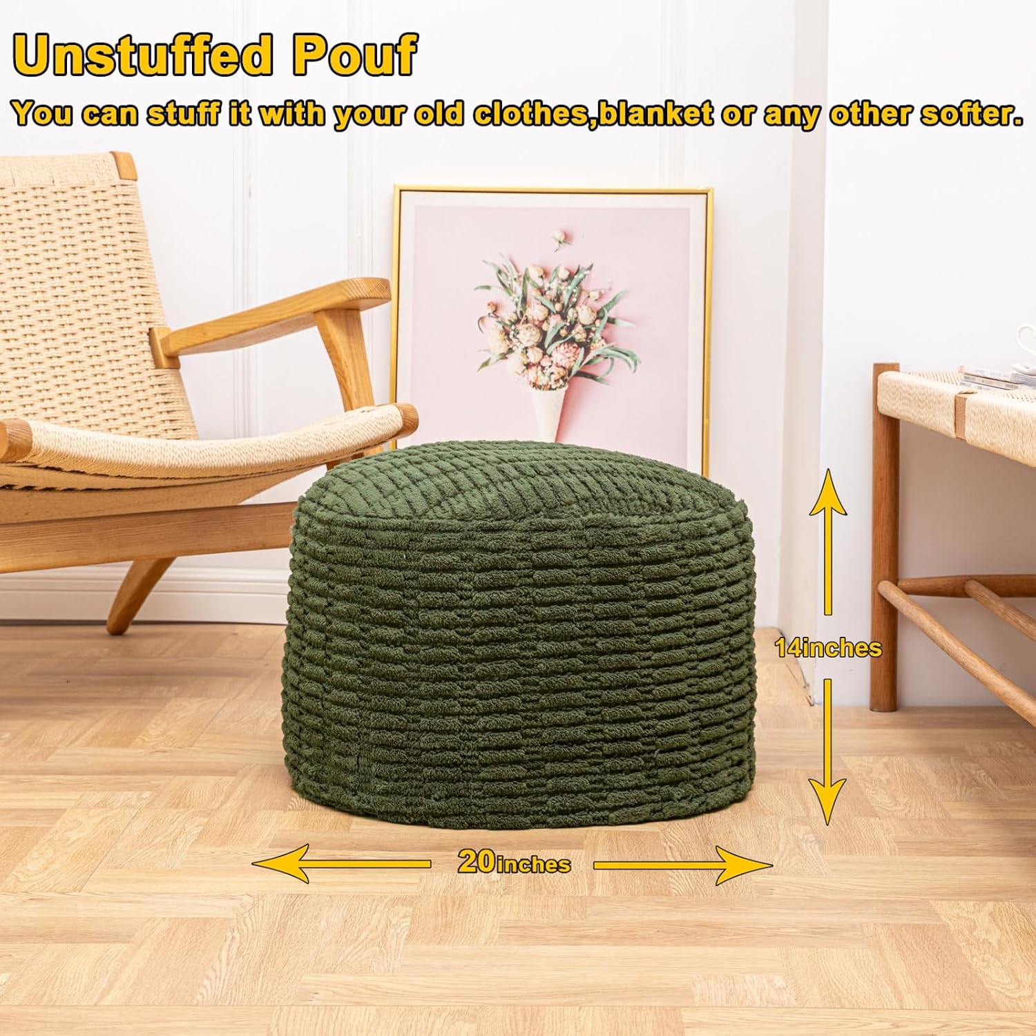 Poofieotto Handmade Unstuffed Ottoman Pouf Cover – Versatile Storage Footstool & Floor Pouf for Living Room, Bedroom, or Wedding Decor | 20" Diameter x 14" Height | Filler Not Included (Green)