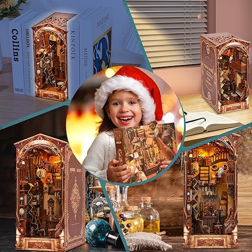 Miniatura 6 de Sujetalibros de madera 3D, kit de rincón de libros para bricolaje, kit de construcción de casa de libro mágico, decoración con sensor de luz,