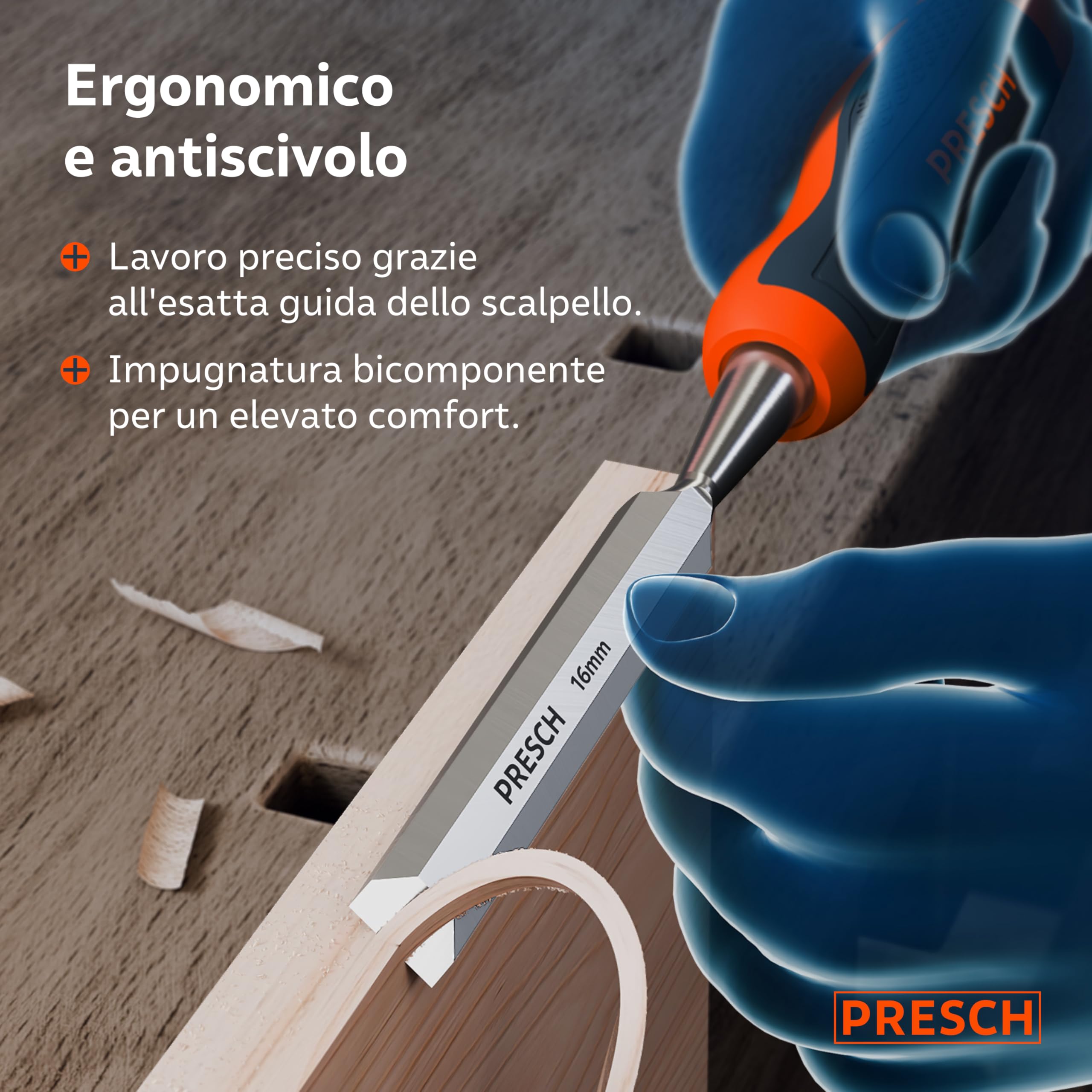 Presch Scalpello per legno 16mm - Completamente levigato per utilizzo immediato - Per professionisti con 25° angolo e robusta battuta in metallo - Impugnatura ergonomica per presa sicura