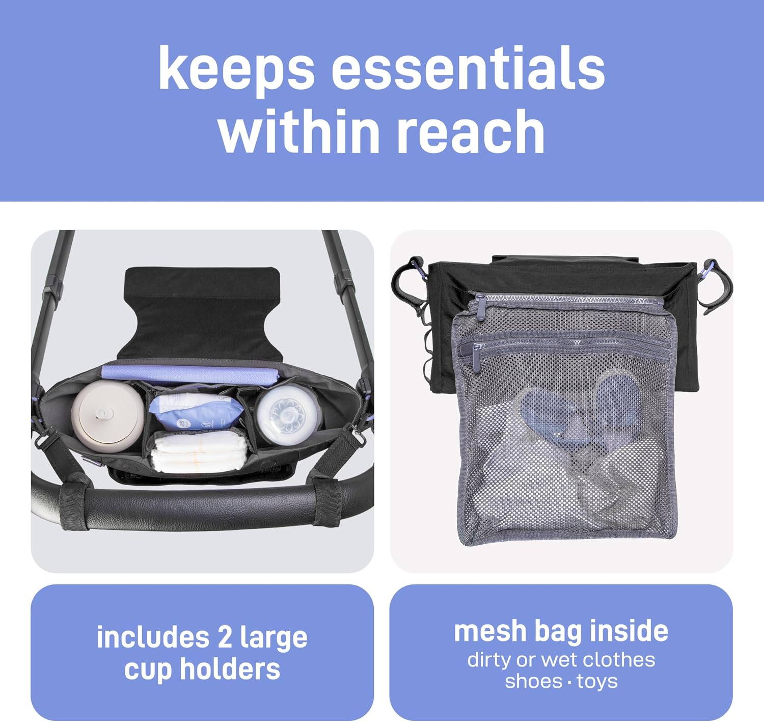Ubbi Fleuri Anywhere Stroller Organizer, Features Front Zippered Pocket, 2 Cup Holders, Mesh Bag, Fits Most Strollers, Licorice