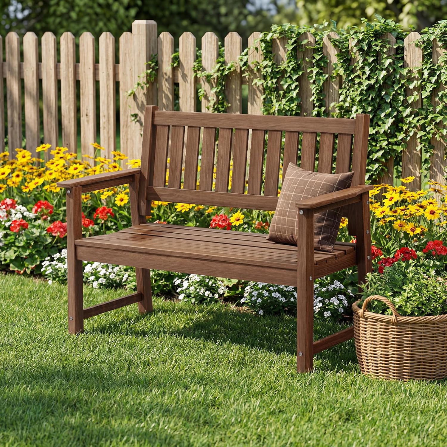 Outdoor Bench, 2-Person Garden Bench, Poly Lumber Patio Bench for Outdoors, Porch, and Park (Brown)