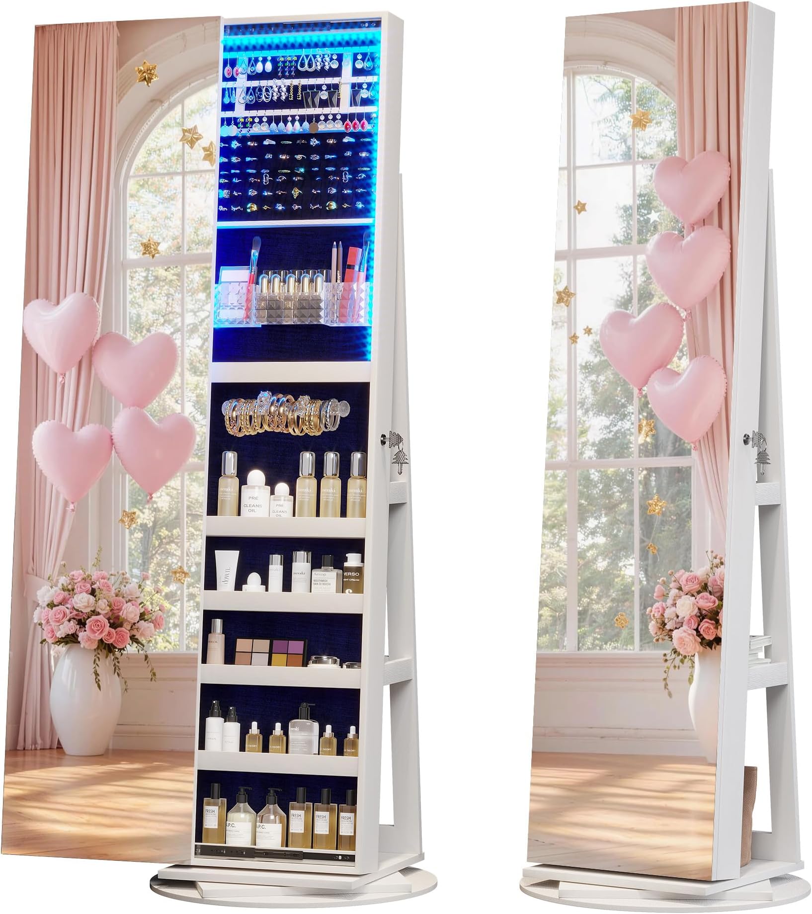 LVSOMT 360° Swivel Jewelry Cabinet with Full Length Mirror, 63'' Large Capacity Jewelry Organizer Armoire, Lockable Mirror with Jewelry Storage, Floor Standing Mirror, Rear Storage Shelves, A-White