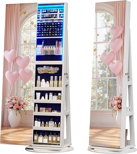 LVSOMT 360 Swivel Jewelry Mirror Cabinet with Lights