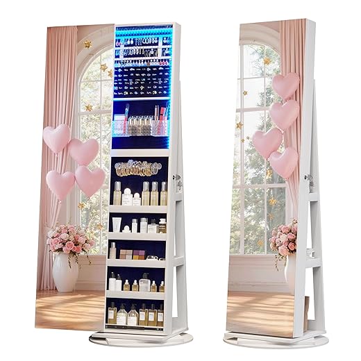 LVSOMT 360° Swivel Jewelry Storage Cabinet, Full Length Mirror