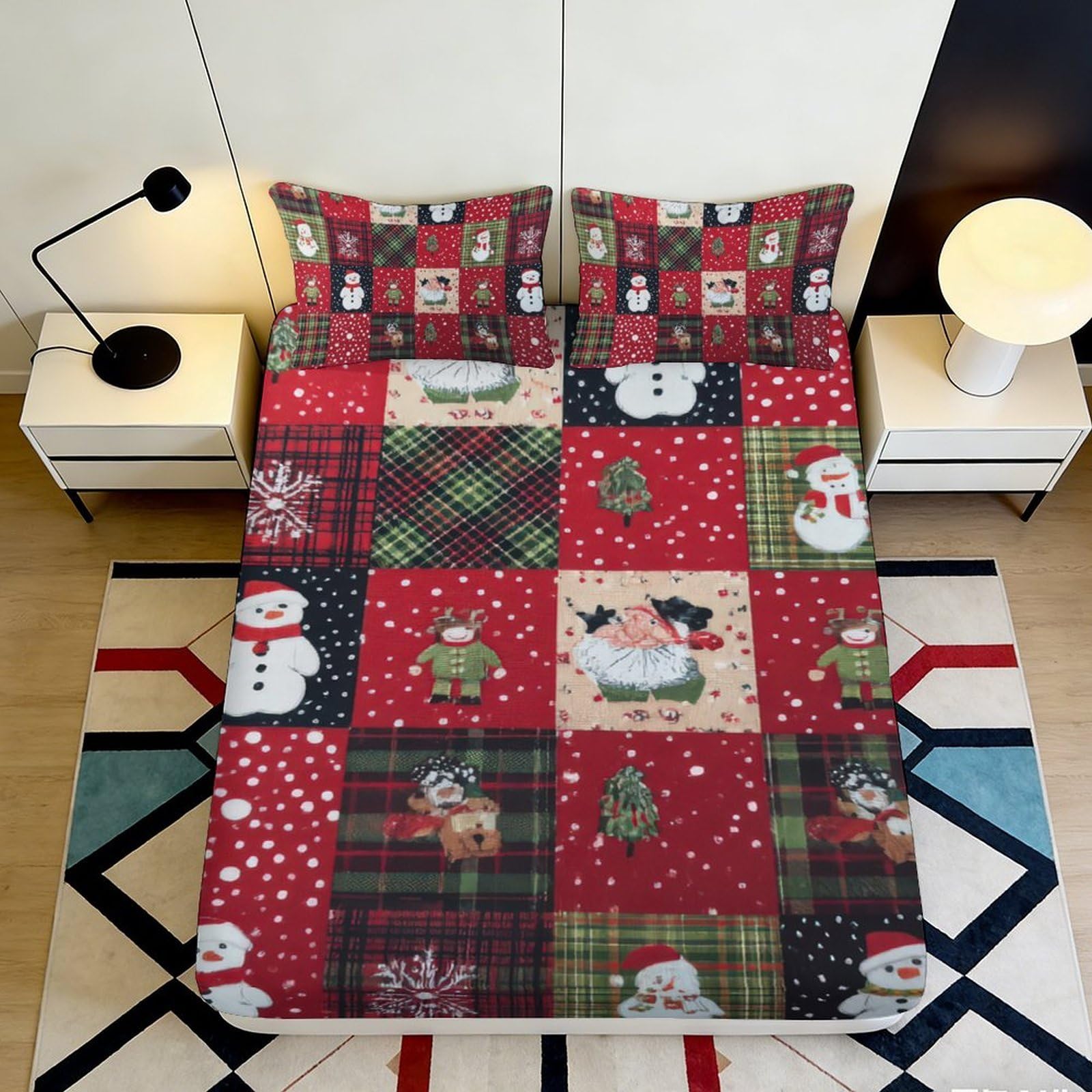 3D Printed Christmas Patchwork Fitted Sheet Microfiber Soft Breathable Snowman Bed Cover for Bedroom Guest Room Decor 90x200x25cm