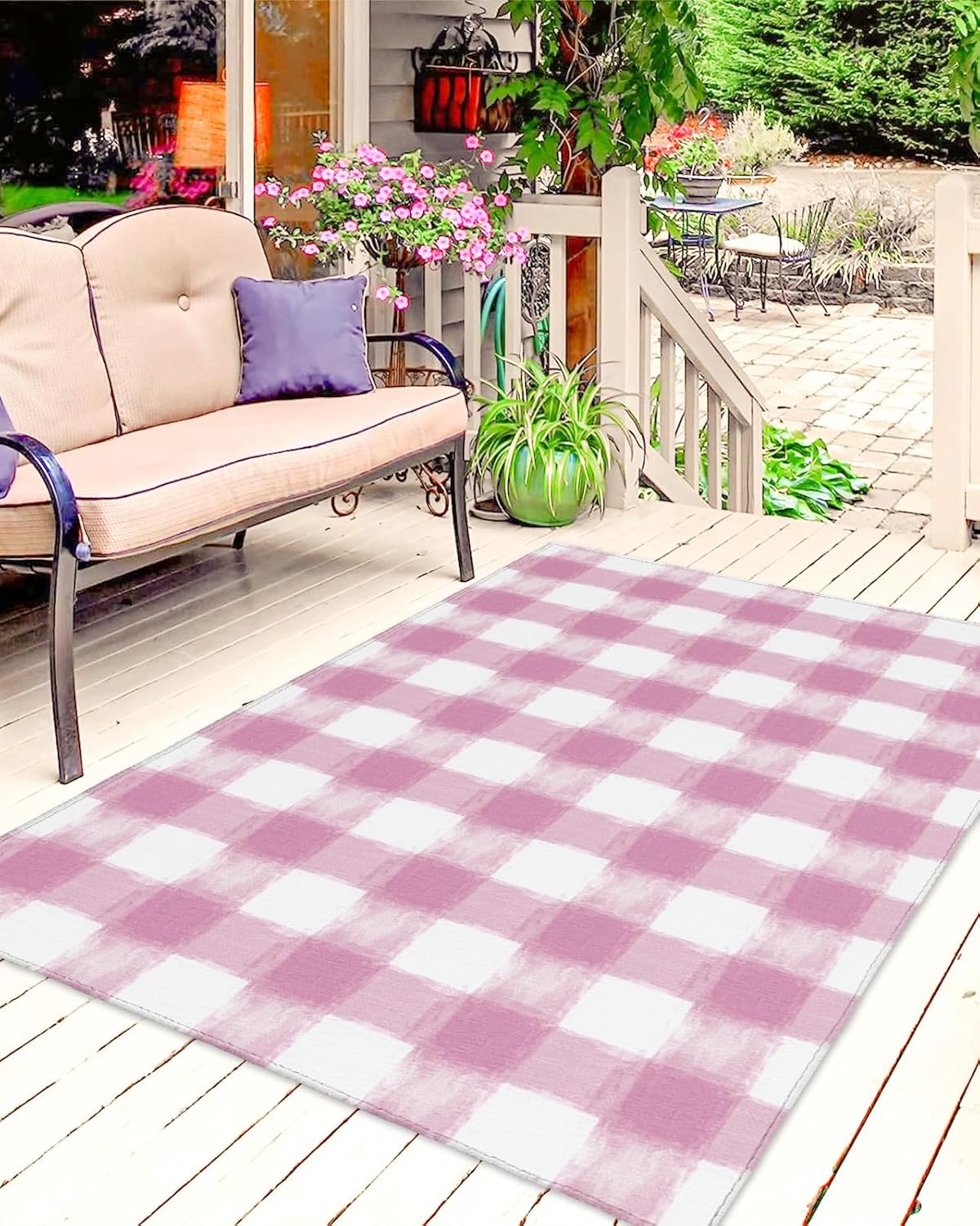 Outdoor Rug 4x6 ft Buffalo Check Outdoor Large Area Rug Non Slip Rubber Pink Plaid Farmhouse Washable Front Door Mat RV Rug Camping Carpet Patio Outdoor Rugs for Backyard Balcony Deck Porch Indoor