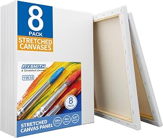 FIXSMITH 11x14 Inch Pre-Stretched Canvas 8 Pack - 100% Cotton, Triple Primed Gesso, Pinewood Frame for Acrylics Oils