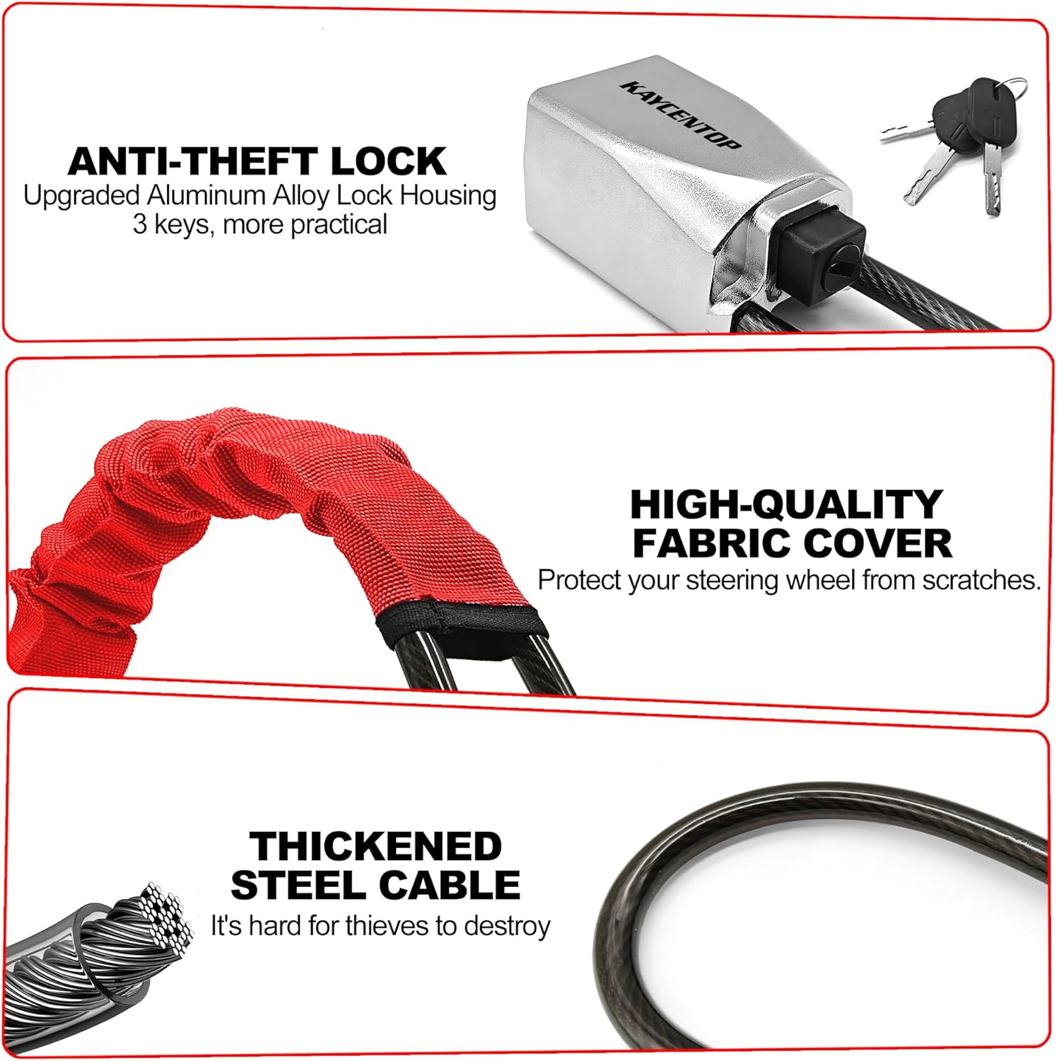 KAYCENTOP Car Steering Wheel Lock, Seat Belt Lock, Car Locks Anti-Theft Device with Aluminum Alloy Lock Housing, Max 17 Inch Length, High Visibility and Light-Weight, Universal Fit, 3Keys(Red)