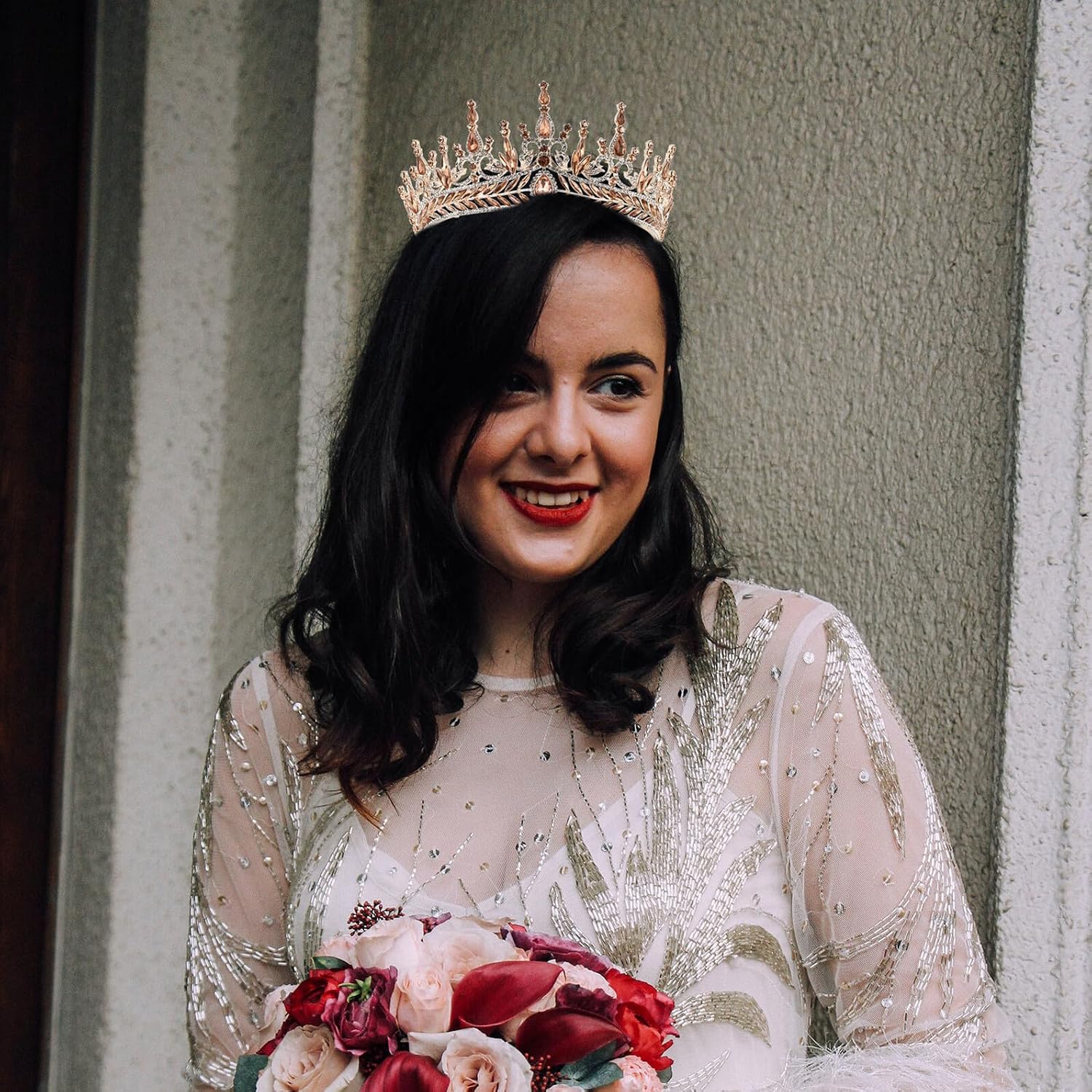 Baroque Rhinestone Bridal Crown Wedding Tiara Peach Gem Head Ornament for Bride Photo Shoot Accessories