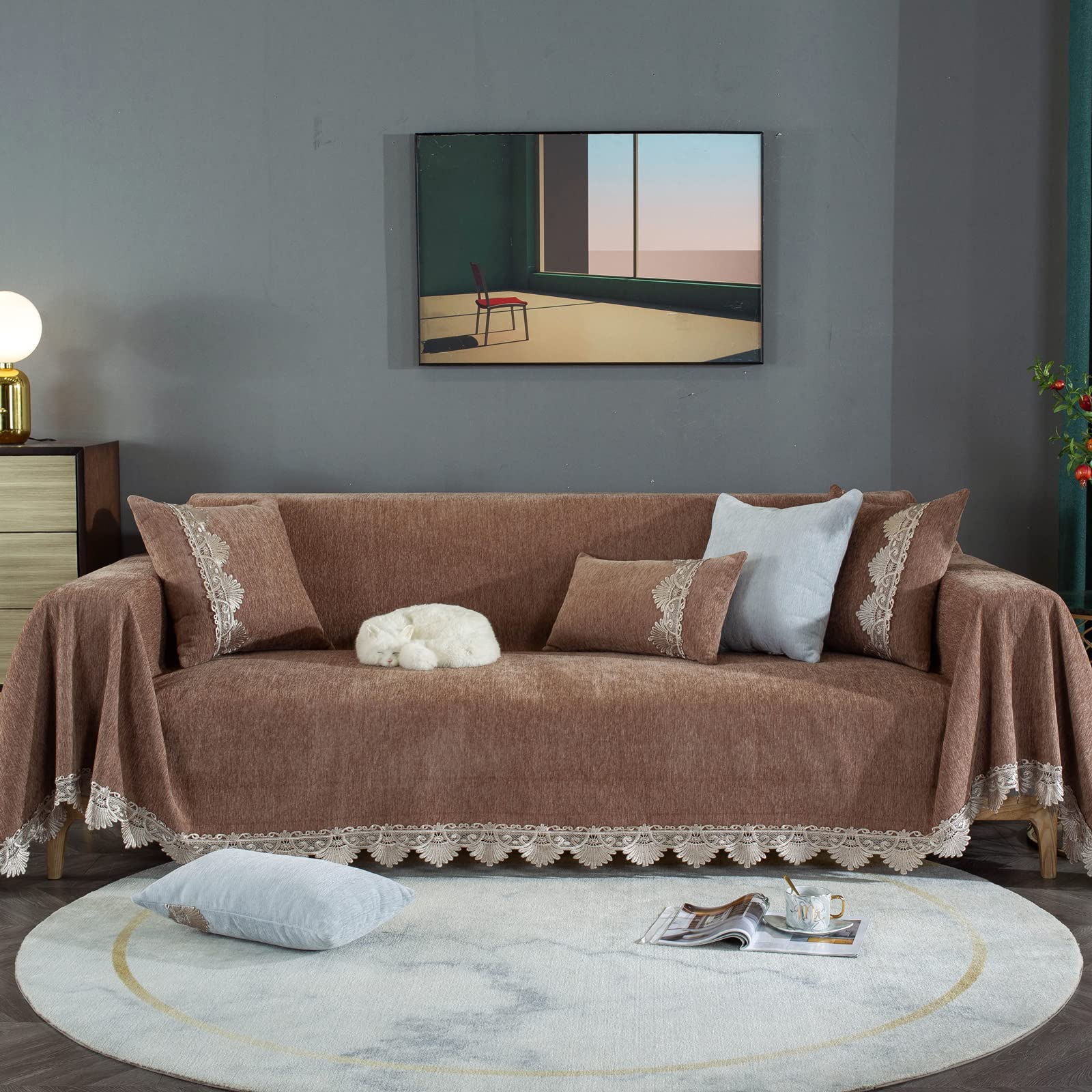 Couverture canapé chenille 4 places grand format 180x380cm élégante et douce brun