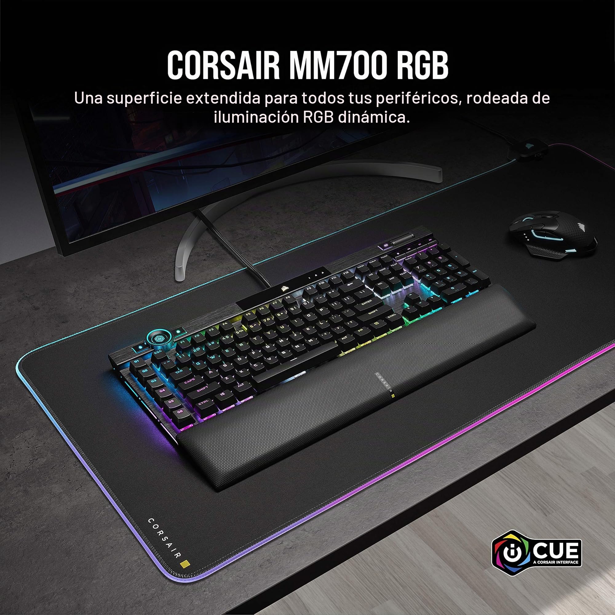 Corsair MM700 RGB Extended 3XL Alfombrilla de Ratón de Tela para Juegos - 1.220 mm x 610 mm (48" x 24") - Iluminación RGB 360° - Concentrador de Dos Puertos USB - Goma Gruesa - Negro