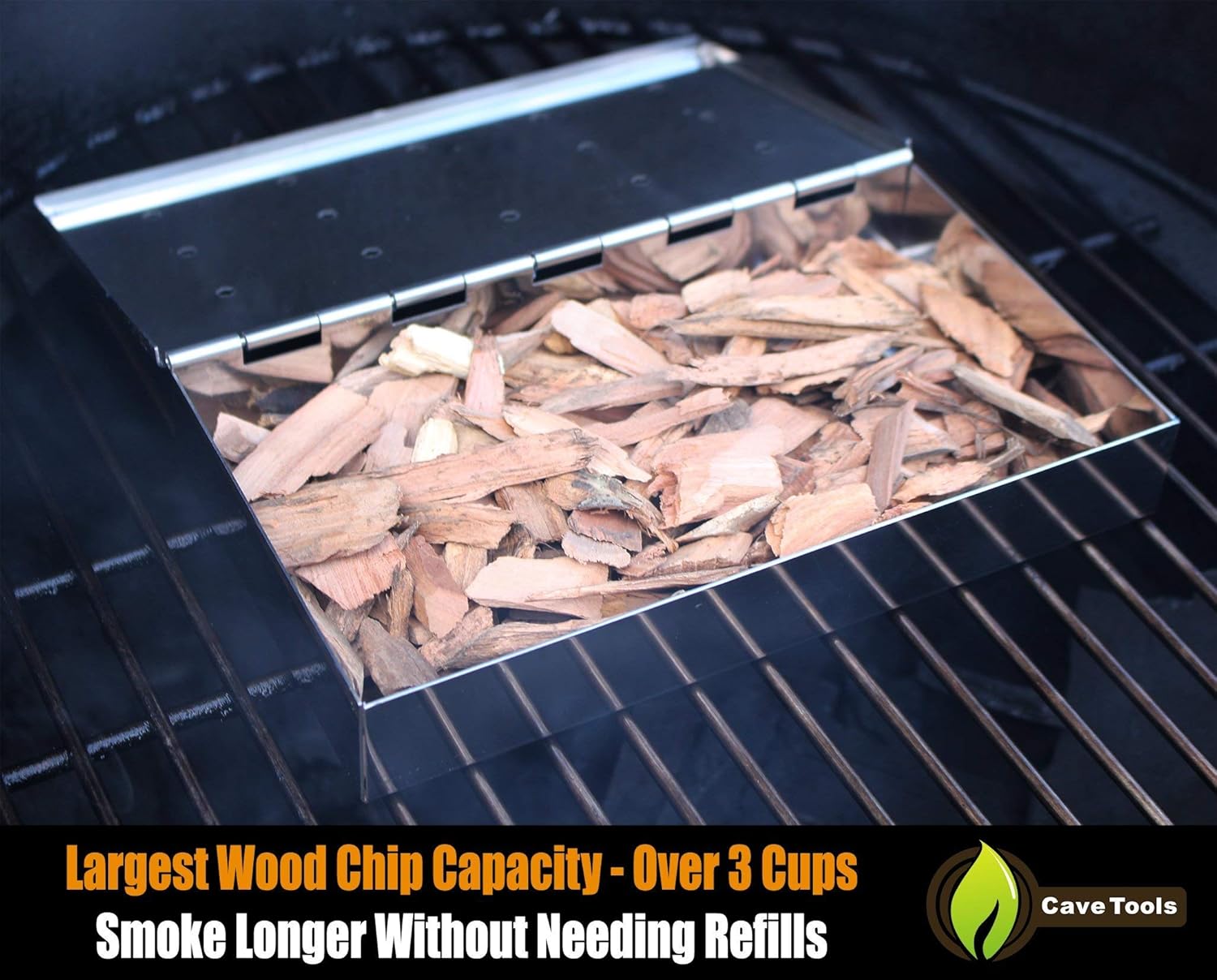 Cave Tools Grill Smoker Box Starter Kit for Wood Chips, Stainless Steel Bucket Style with Hinged Lid, BBQ Grill and Smoker Accessories - Large