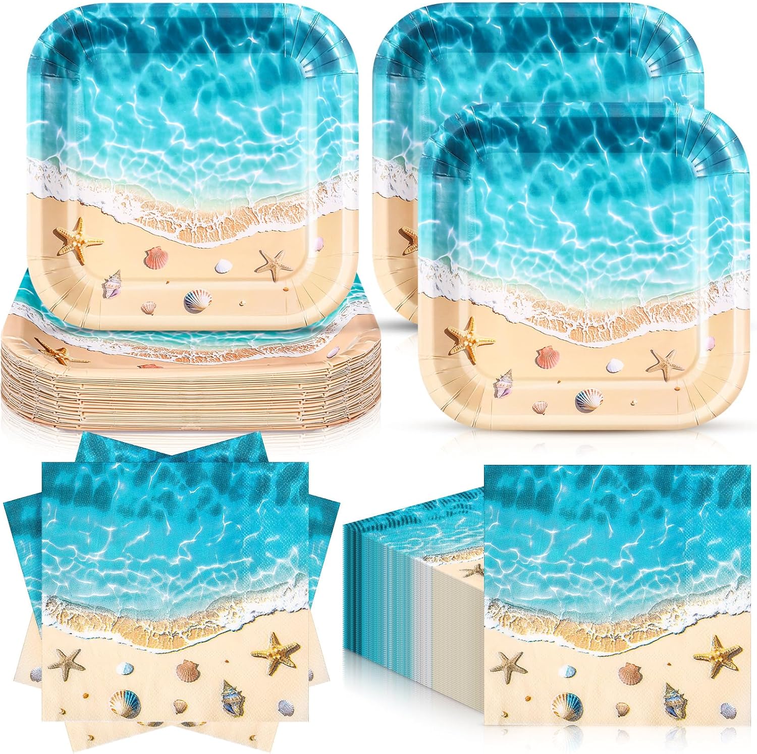 Zhehao 72 Pcs Beach Plates and Napkins Set Serve 36, 7" Ocean Square Paper Dessert Plates Party Supplies Ocean Girl Sea Blue Beach Disposable Dinnerware Decoration for Birthday Hawaiian Holiday