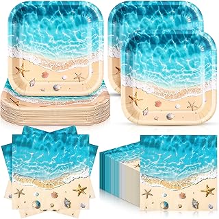 Zhehao 72 Pcs Beach Plates and Napkins Set Serve 36, 7" Ocean Square Paper Dessert Plates Party Supplies Ocean Girl Sea Blue Beach Disposable Dinnerware Decoration for Birthday Hawaiian Holiday