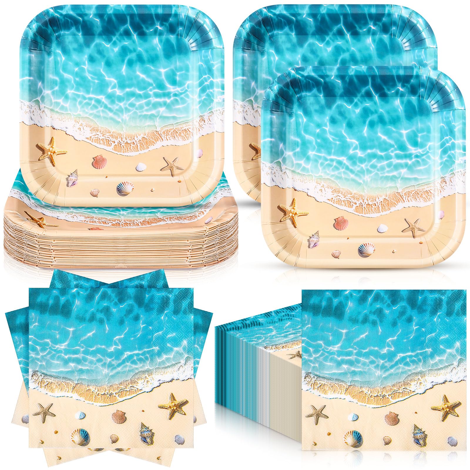 Zhehao 72 Pcs Beach Plates and Napkins Set Serve 36, 7" Ocean Square Paper Dessert Plates Party Supplies Ocean Girl Sea Blue Beach Disposable