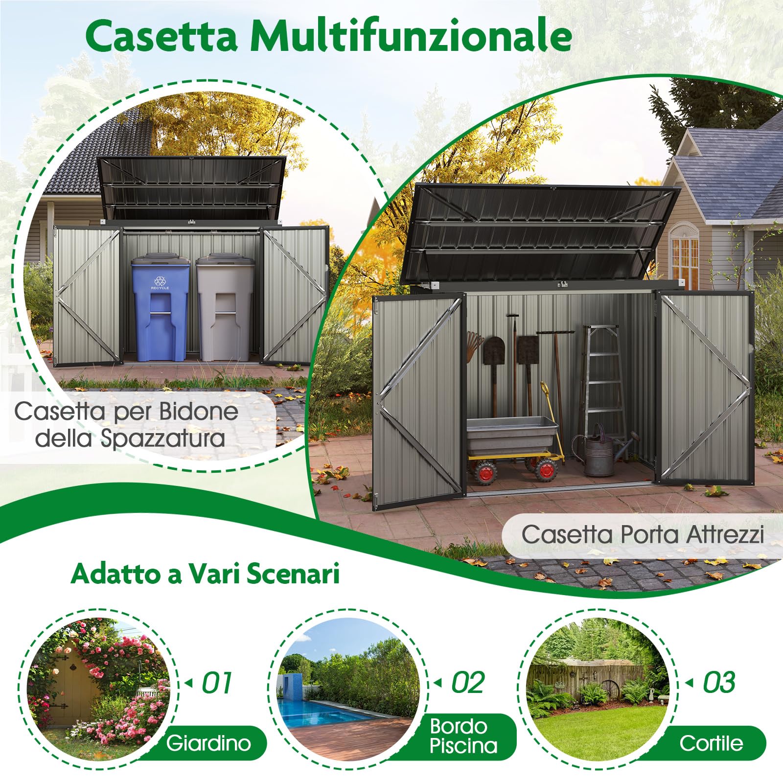 COSTWAY Casetta per Spazzatura Esterna 1,51㎡, Capanno da Giardino Bloccabile in Metallo Zincato Resistente alle Intemperie con Doppie Aperture e 2 Porte, Ripostiglio per Patio (Grigio)