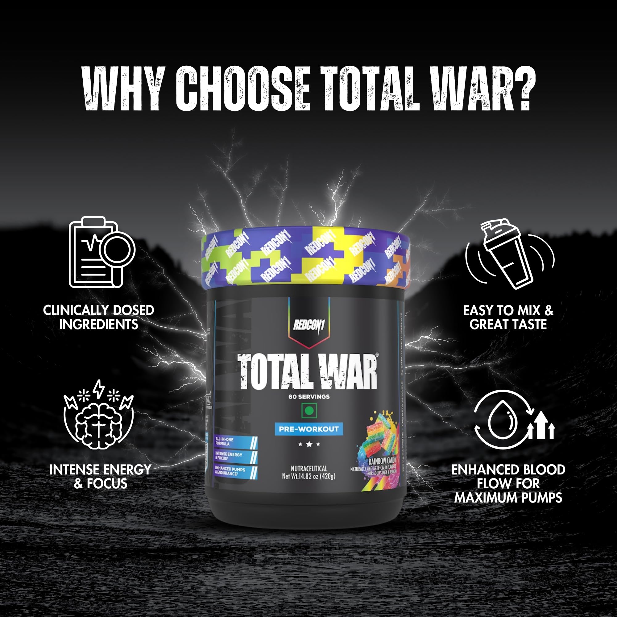 Redcon1 Total War - Pre Workout, 60 Servings (Rainbow Candy) 4