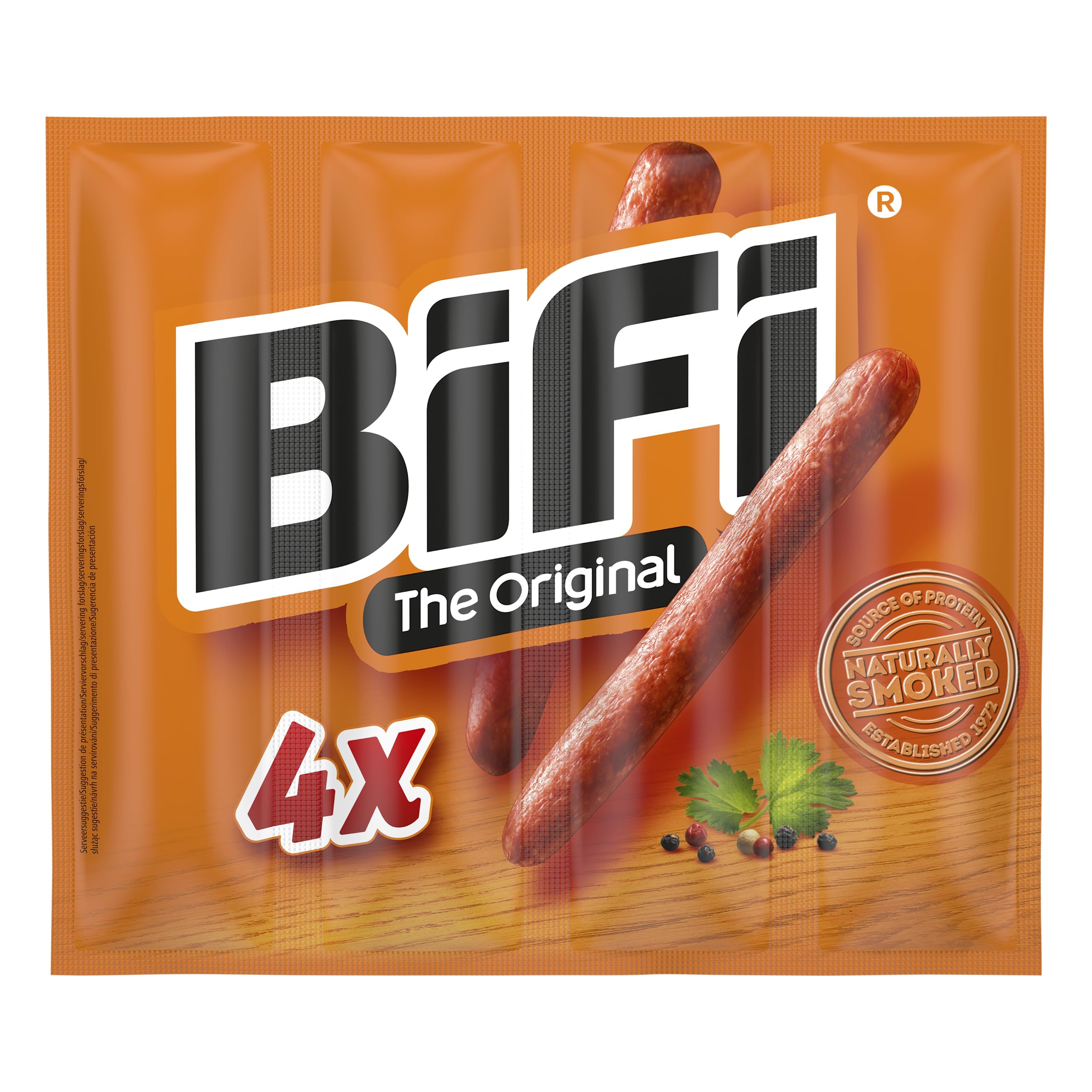 BiFi Original Tiras de salami, paquete de 64, 64 x 18,5 g, salchichón desecado para comer sobre la marcha, al aire libre, pimienta, cilantro y ajo, caja óptima para aperitivos